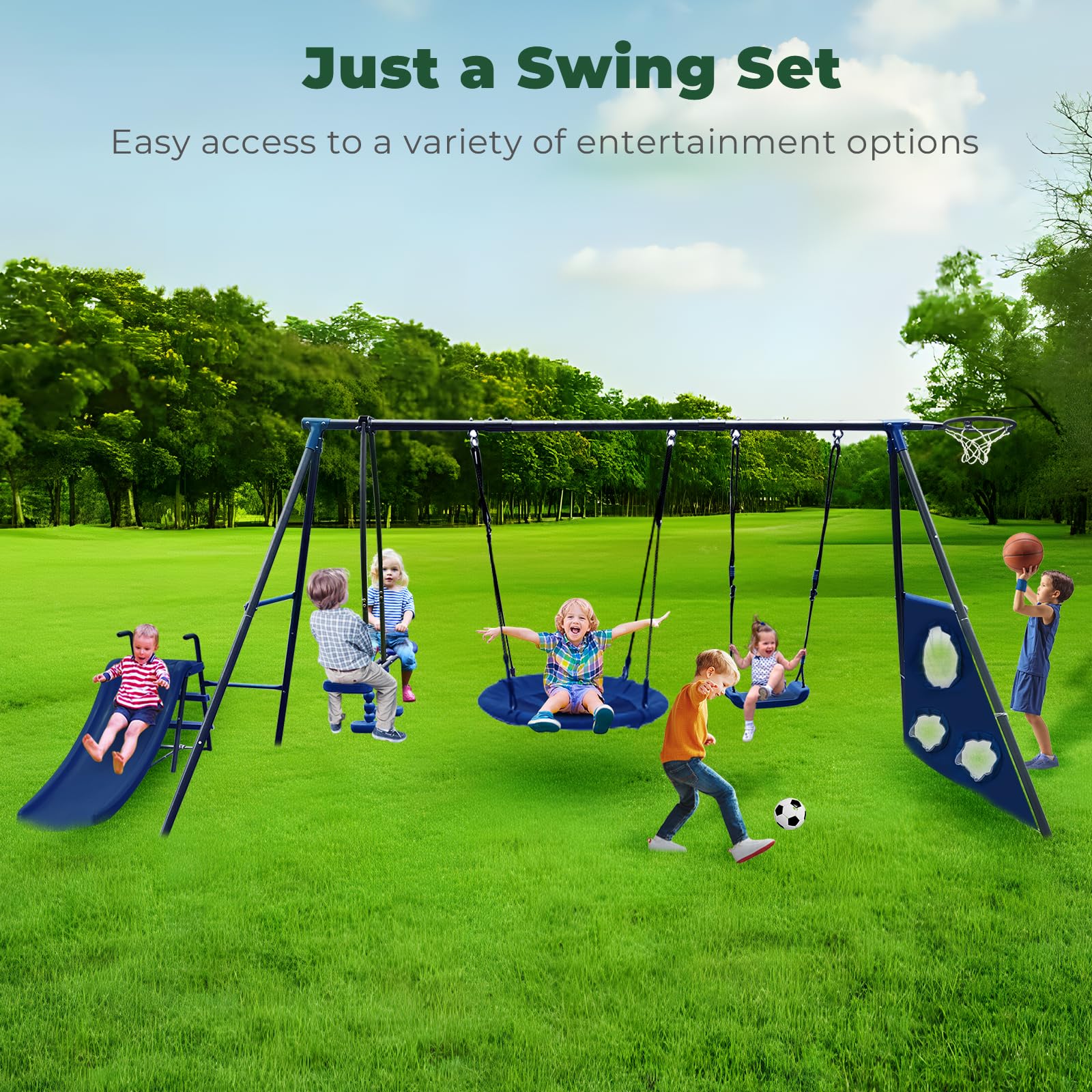 6-in-1 Outdoor Swing Set for Kids with Slide, 2 Swings, Basketball Hoop, Soccer Net & Glider - Backyard Playset for Fun Outdoor Activities | Perfect for Gardens, Parks & Playgrounds