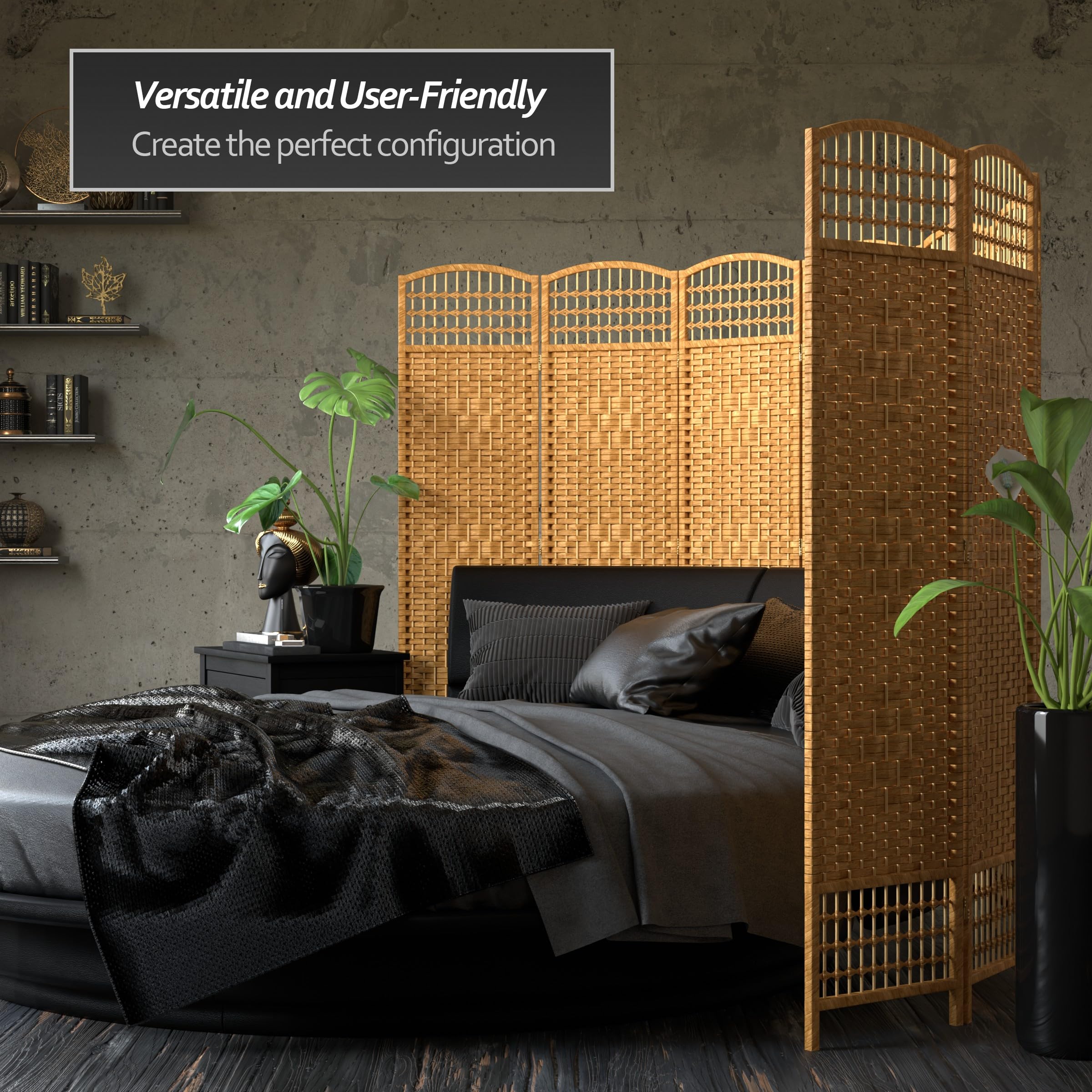 5.5 ft Tall Red Lantern Fiber Weave Light Beige Room Divider - 4 Panel Folding Screen for Home, Office, and Event Decor