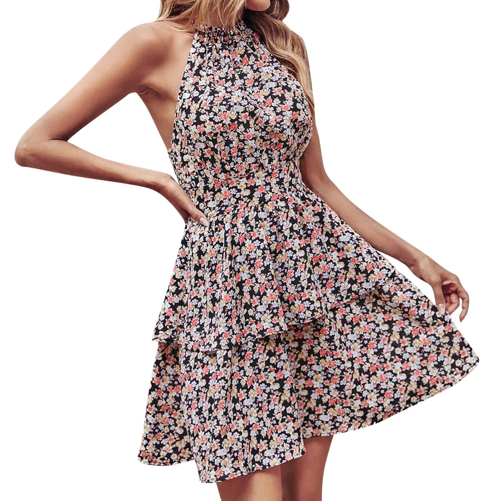 Boho Floral Sundress for Women - Sleeveless Halter Neck, Elastic Waist Tiered Ruffle Mini Swing Dress - Perfect for Beach Vacations, Summer Parties & Casual Outings