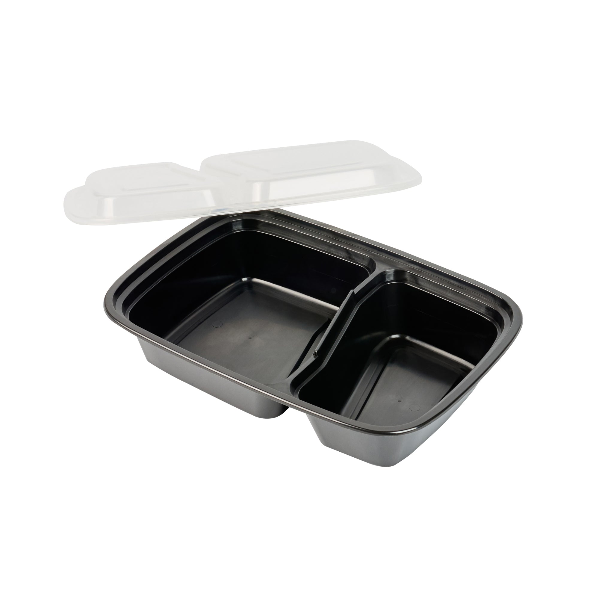 32 oz Black Plastic 2 Compartment Food Storage Containers with Clear Lids - Microwave Safe, 8.75