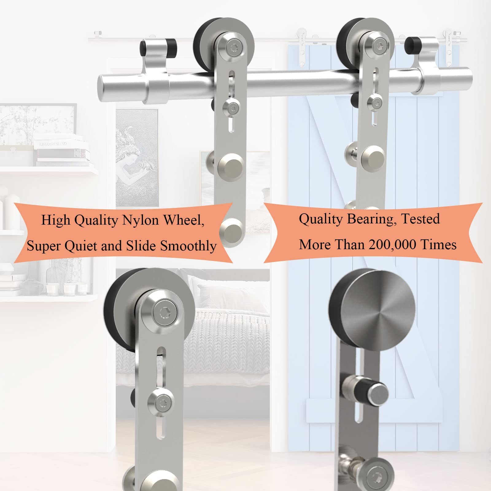 TSMST 7FT Heavy Duty Stainless Steel Sliding Barn Door Hardware Kit - Smooth & Quiet Double Wood Door Track (I Style) - Perfect for Bedrooms, Closets & Farmhouse Style Homes