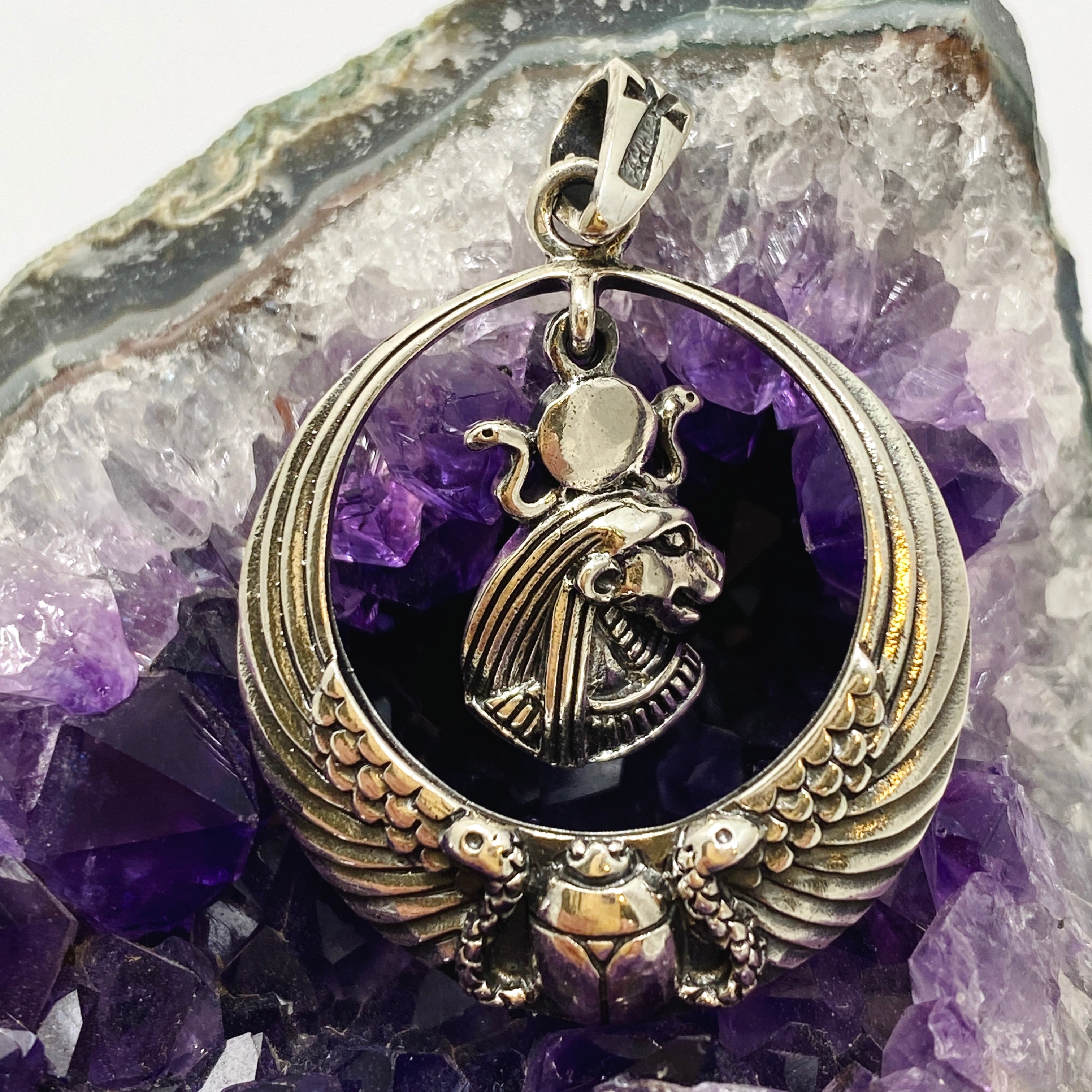 Sekhmet Lion Head Pendant with Scarab & Ankh - Ancient Egyptian Jewelry - Sterling Silver Necklace for Women - Perfect for Spiritual Protection & Boho Fashion