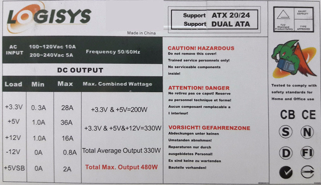 Logisys 480W ATX Power Supply - 20/24 Pin PSU for PC Gaming & Office Computers - Reliable Switching Power Supply for Desktops & Workstations