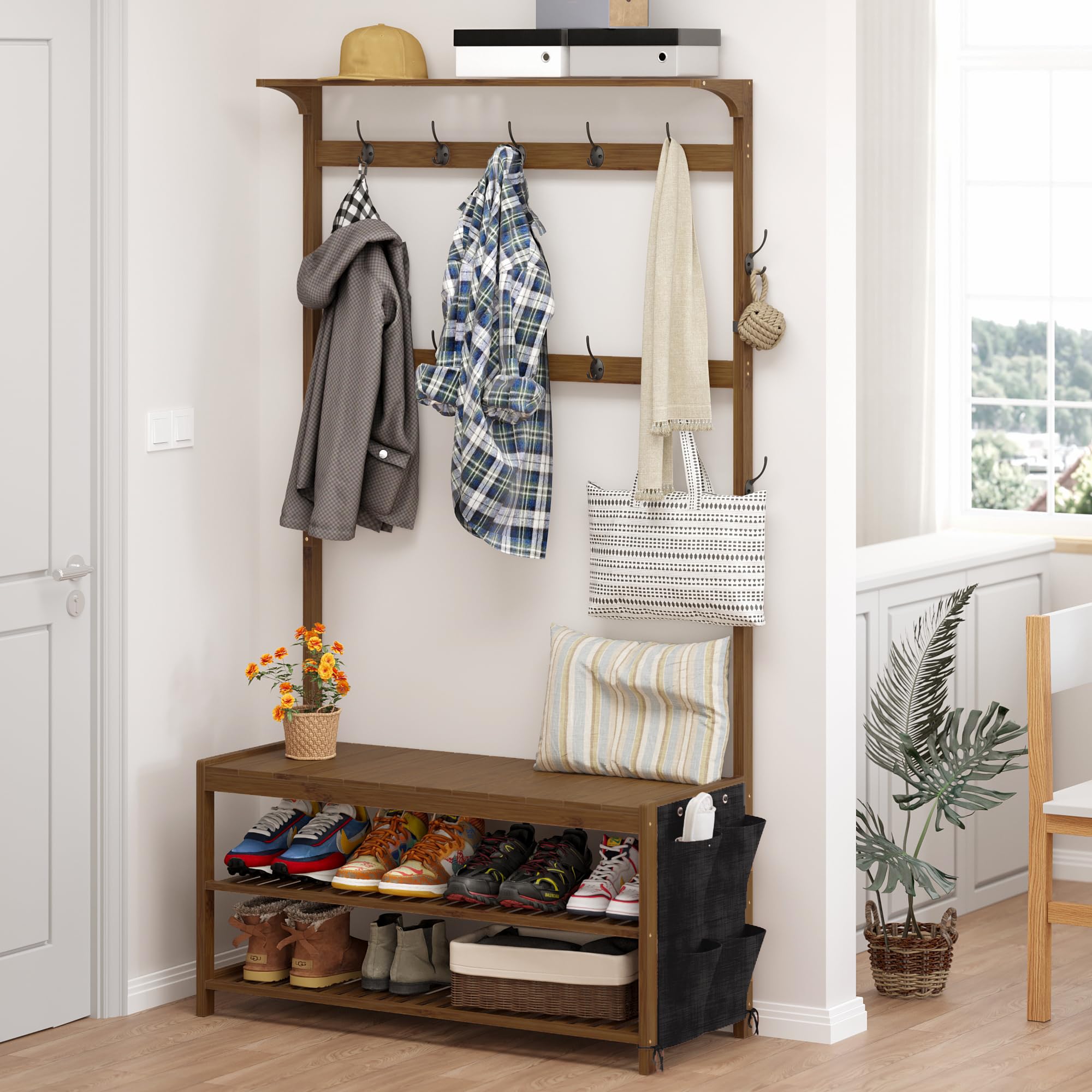 AMBIRD 6-in-1 Hall Tree with Bench, Shoe Storage & Coat Rack - Sturdy Bamboo Entryway Organizer with 14 Hooks & Cloth Bag, Large Size (39