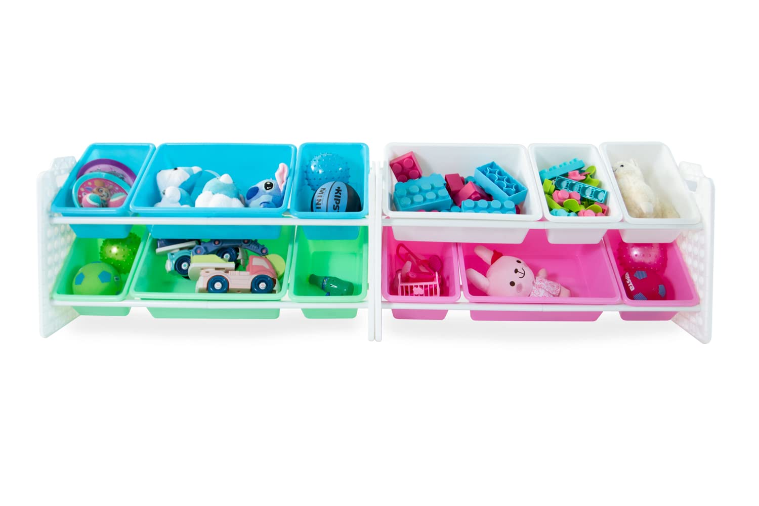 UNiPLAY 12-Bin Toy Organizer with Removable Storage Bins - Kids Book & Toy Storage for Building Blocks, School Supplies, Arts & Crafts - Sturdy Baseplate Frame (Pink) - Perfect for Playrooms, Classrooms & Daycare Centers