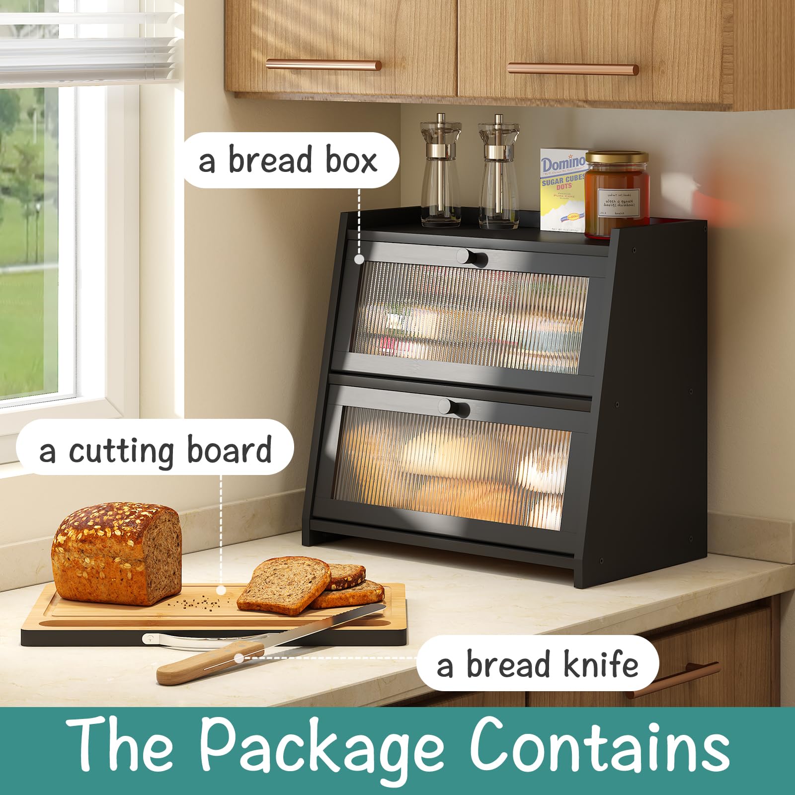 Black Bamboo Bread Box with Acrylic Wavy Door & Built-in Cutting Board - Large Capacity Kitchen Counter Bread Storage Bin for Fresh Bread, Baguettes, Pastries - Perfect for Bakeries, Restaurants & Home Kitchens