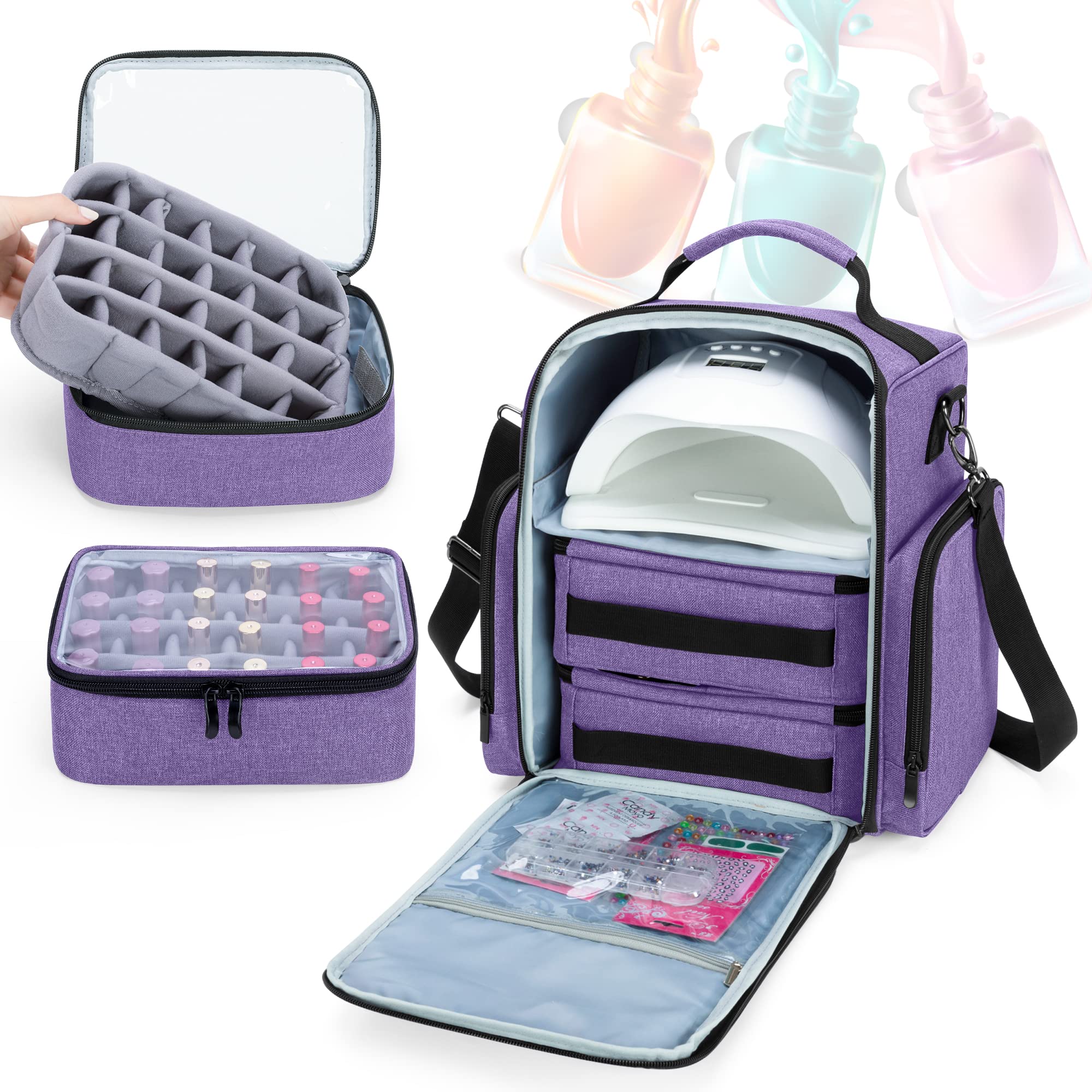 BAFASO 48 Bottle Nail Polish Organizer with Lamp & Pouches - Purple for Salon & Home Use