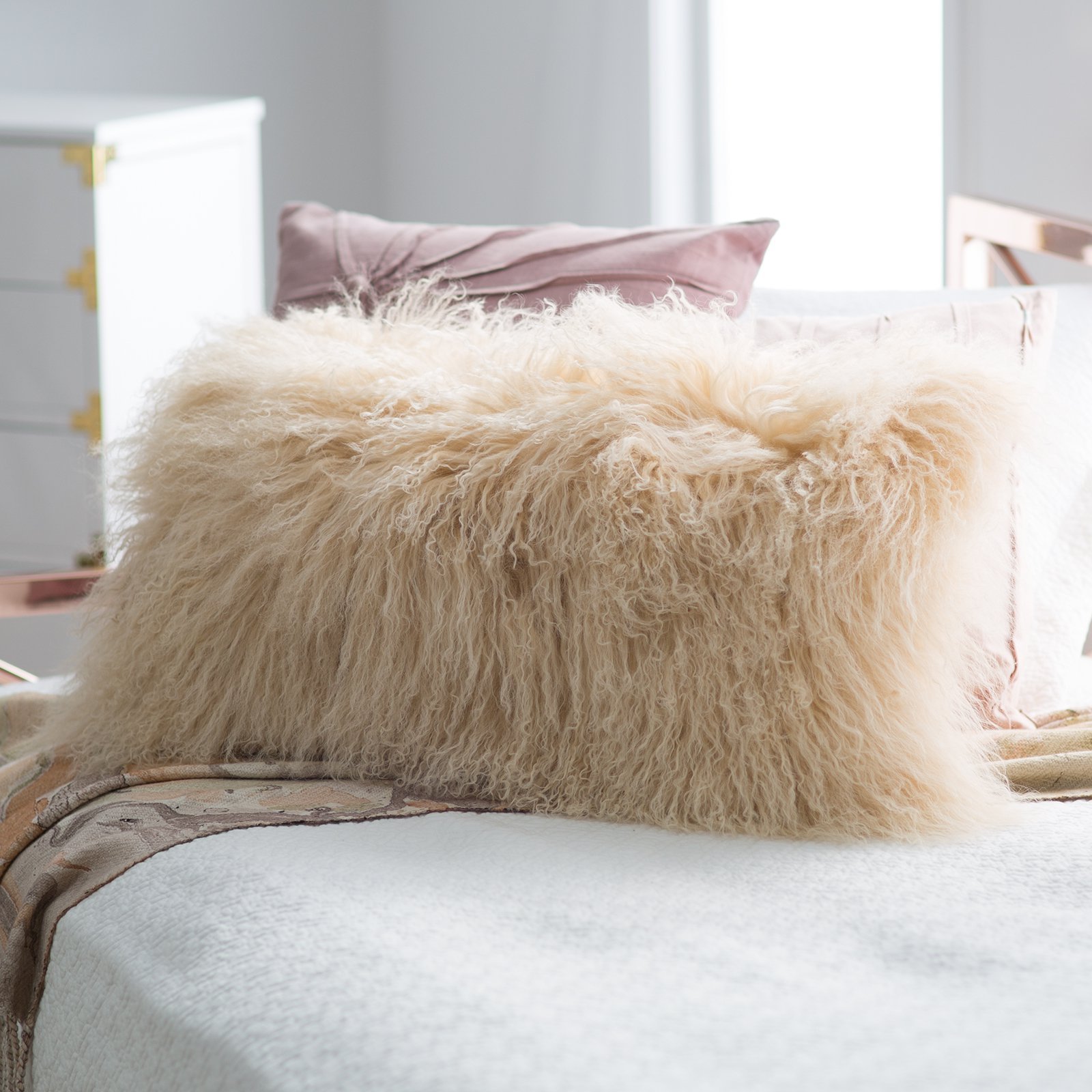 Nourison Tibetan Sheepskin Decorative Pillow - Mina Victory White, 20x20 Inches, Soft & Luxurious Throw Pillow for Sofa, Bed, or Living Room Decor