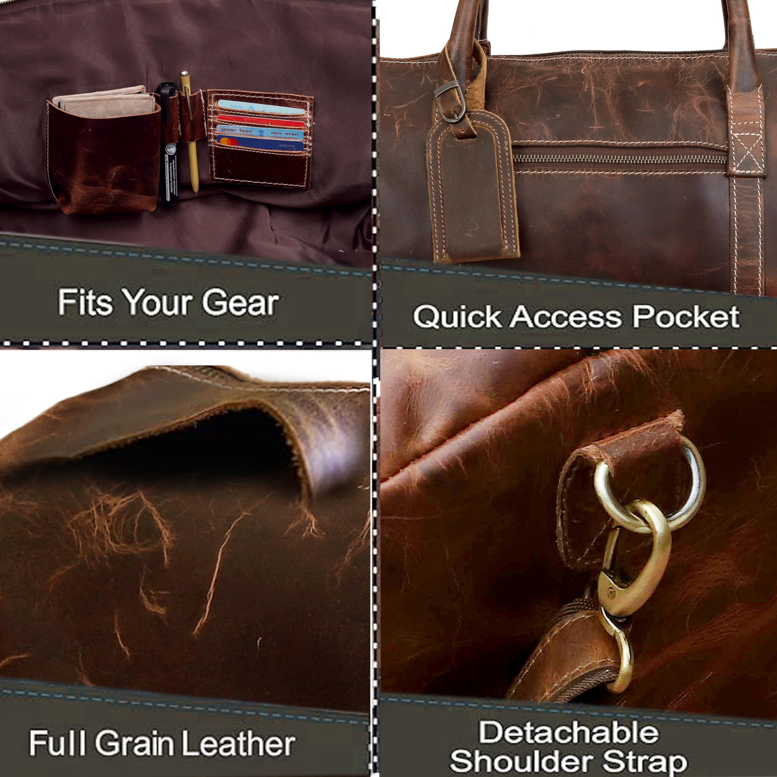 Premium 24 Inch Leather Duffle Bag for Men & Women - Handmade Large Carry On Luggage, Weekender Travel & Gym Sports Bag - Perfect for Airplane Travel, Overnight Trips & Workout Sessions