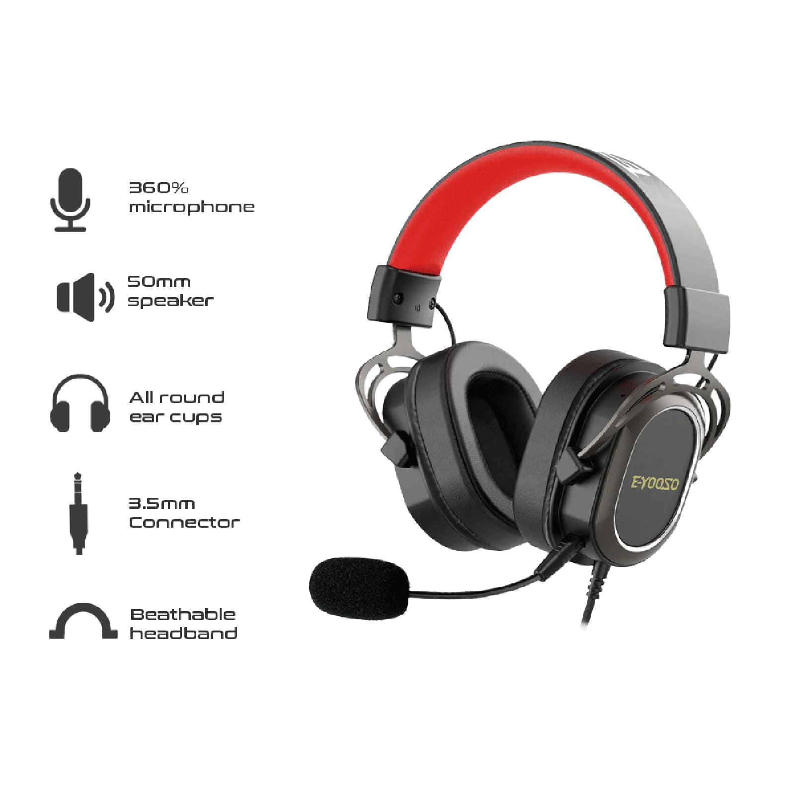 E-YOOSO Gaming Headset with Microphone - 3.5mm Wired Over-Ear Headphones with Surround Sound for PC, Laptop, PlayStation, Xbox & Mobile - Perfect for Online Gaming, Streaming & Video Calls