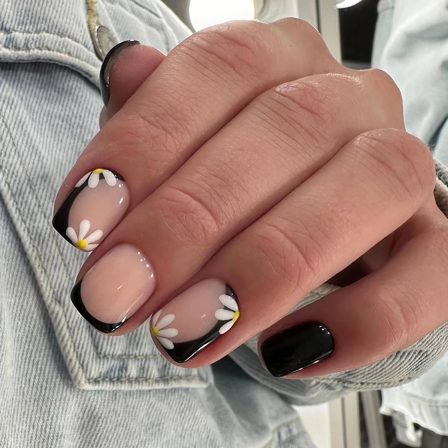 Short Square Press On Nails - 24Pcs Black Acrylic Fake Nails with Floral Designs, Glossy Full Cover False Nails for Women | Easy Glue On Nails for Daily Wear, Parties & Special Occasions