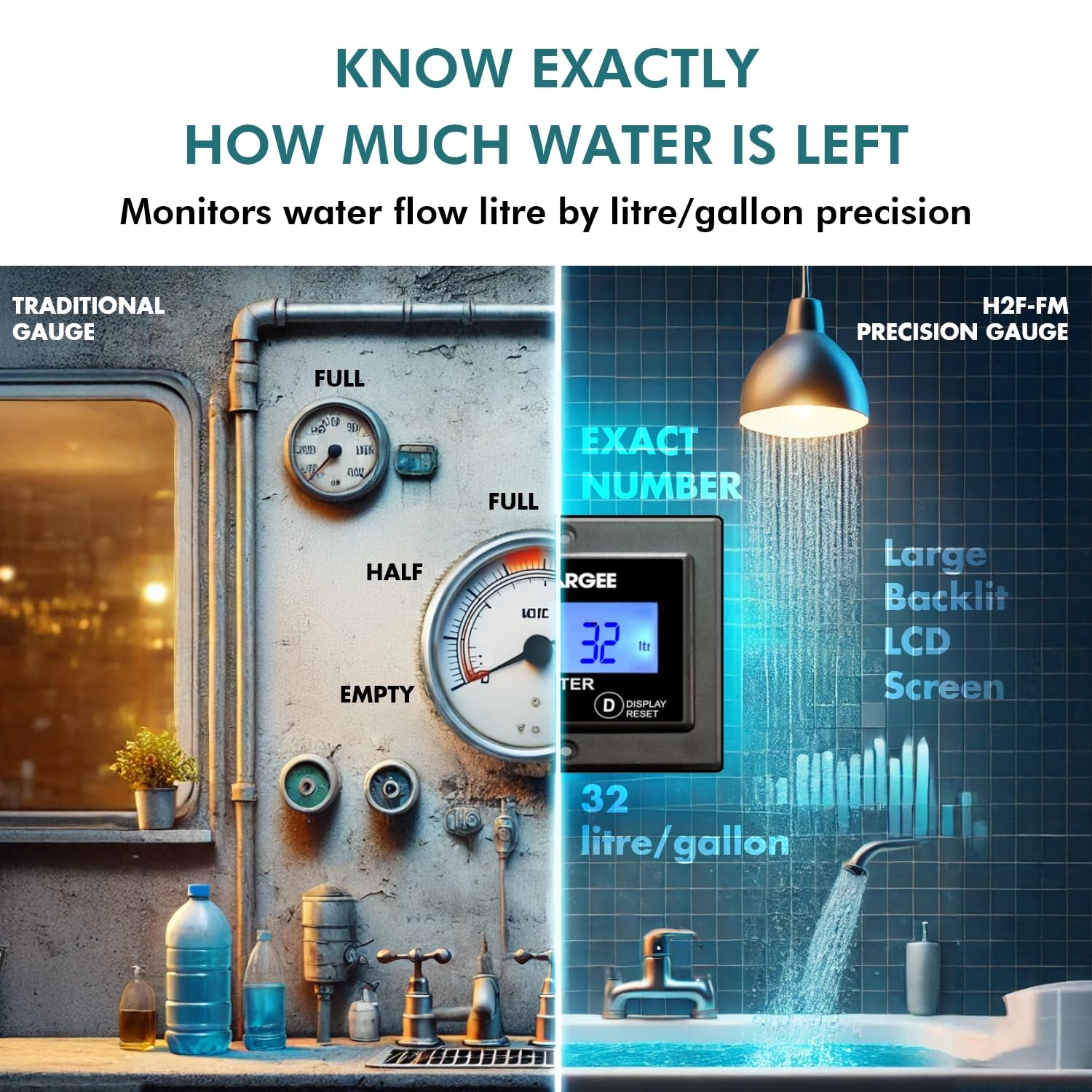 Topargee Flush Mount Water Tank Gauge H2F-FM - Accurate Water Level Monitor for RV, Boat & Home Use - Measures in Liters/Gallons - Know Exact Water Remaining for Camping, Travel & Emergency Preparedness