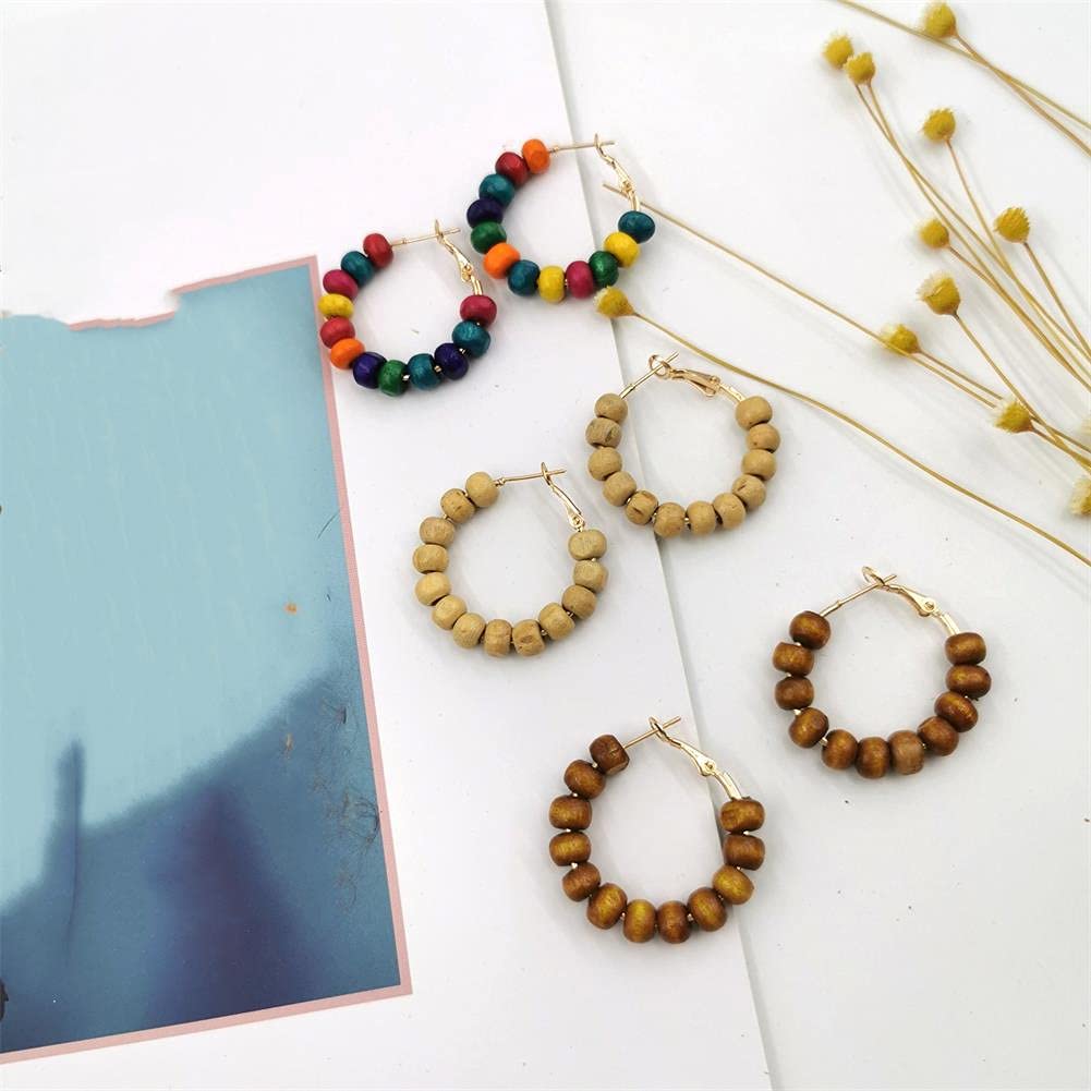 Vintage Wooden Beaded Hoop Earrings for Women - Handmade Bohemian Style Round Wood Bead Dangle Earrings - Perfect for Festivals, Boho Outfits & Everyday Wear