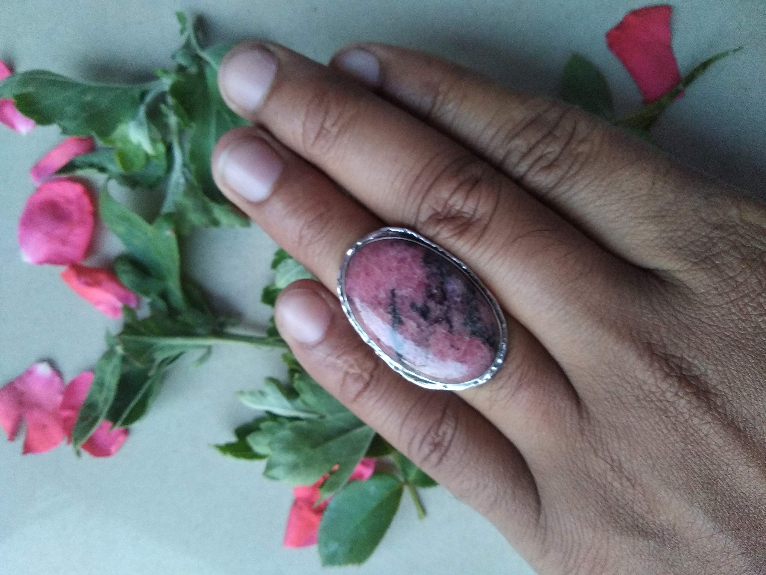 Rhodonite Ring Sterling Silver 925, Bohemian Statement Jewelry, Vintage Style Healing Crystal Ring for Women - Perfect Bridesmaid Gift, Anniversary Gift, Promise Ring & Spiritual Healing Jewelry for Everyday Wear, Meditation & Special Occasions