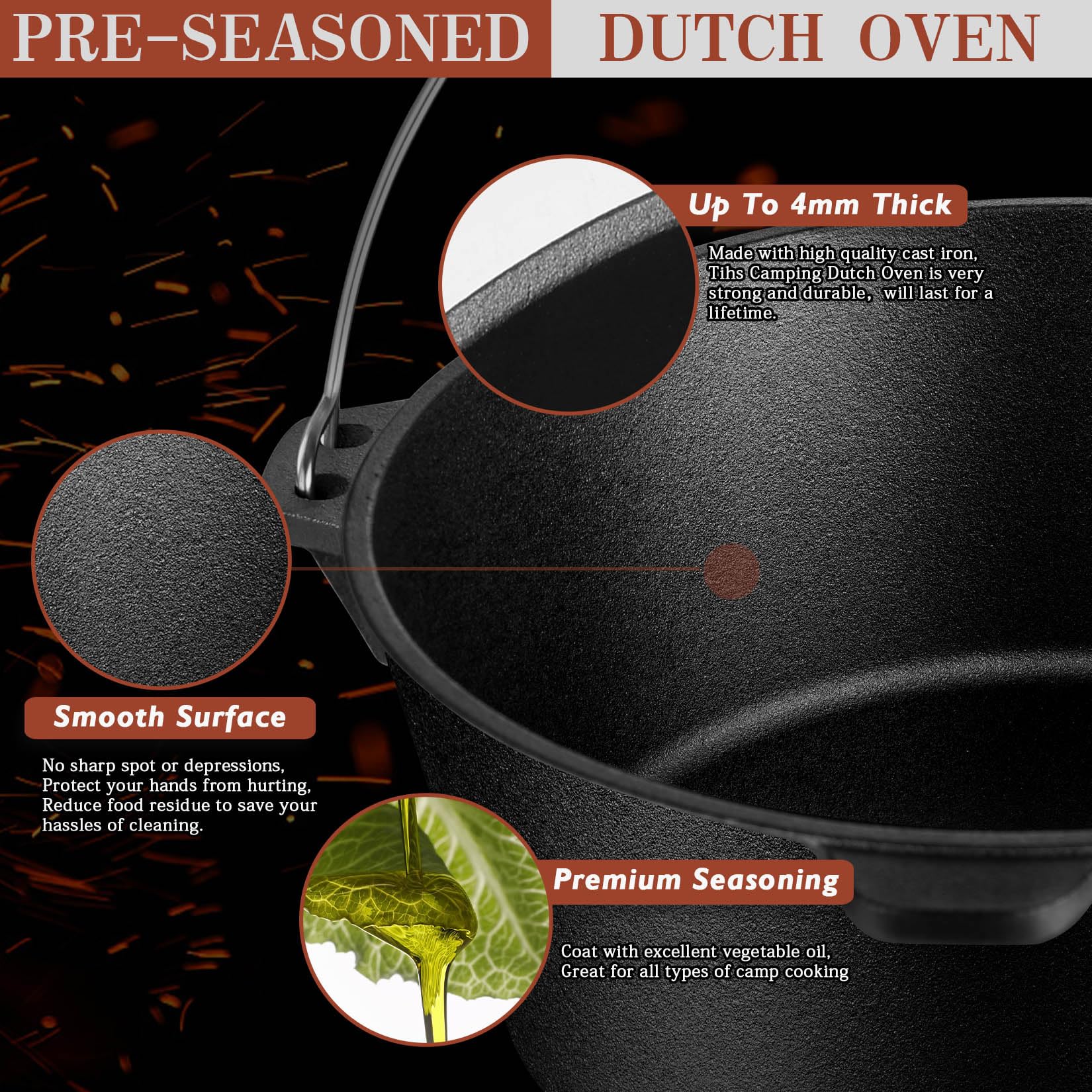 Joyfair Pre-Seasoned Cast Iron Dutch Oven Set with Griddle Skillet Lid - 7.6QT Camping Pot & 2QT Lid - Includes Lid Lifter, Iron Stand & Cleaner - Perfect for Stewing, Baking Sourdough Bread & Outdoor Cooking - Ideal for Camping, Backpacking & Home Kitchen Use