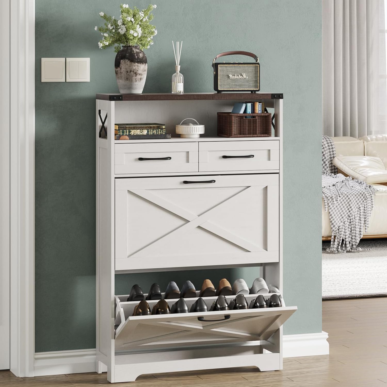 Maupvit Farmhouse Shoe Storage Cabinet - 2 Flip Drawers & 2 Drawers with Doors and Shelves - Entryway Shoe Organizer for Front Door - Narrow Shoe Rack for Small Spaces - Perfect for Hallway, Closet or Mudroom Organization - White