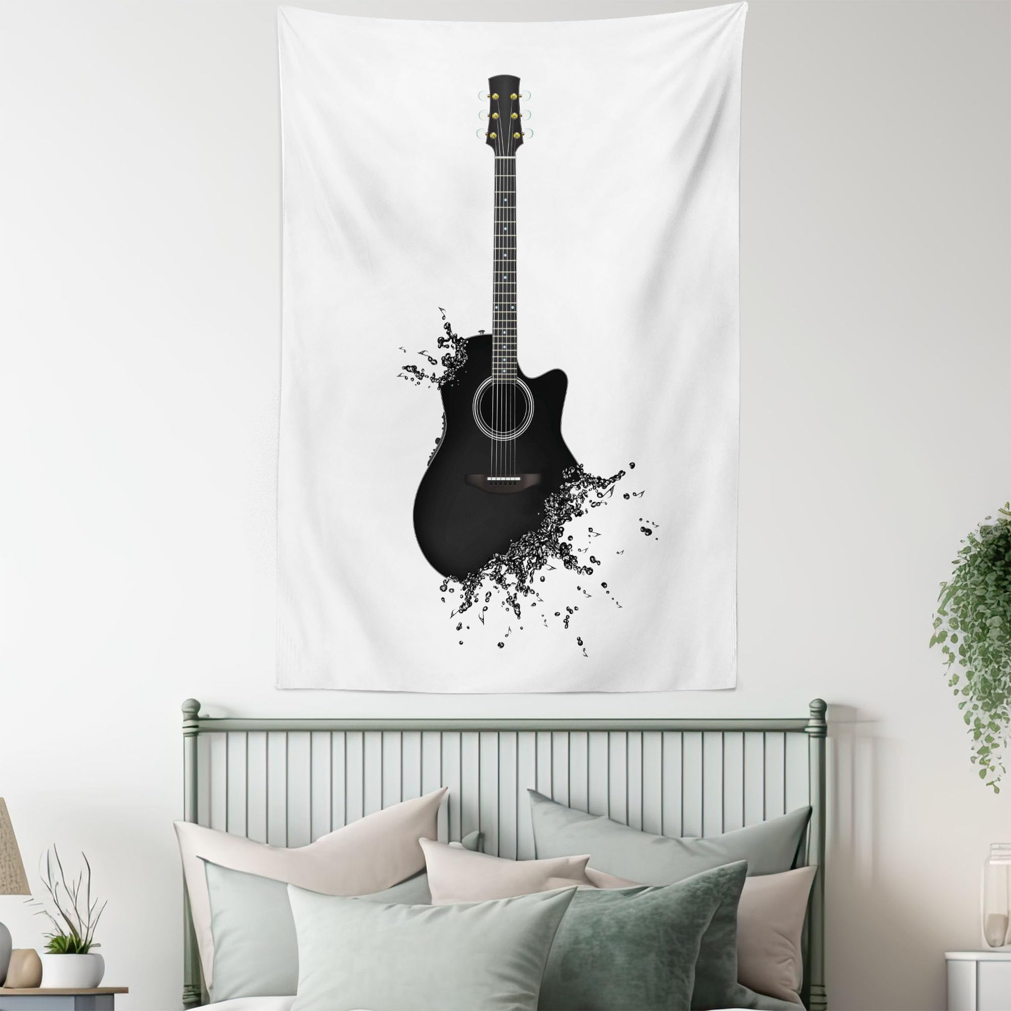 Ambesonne Guitar Wall Tapestry - 40x60 Inch Black & White Acoustic Instrument Art with String Details | Modern Music Themed Decor for Bedroom, Living Room, Dorm | Perfect for Musicians' Rooms, Studio Backdrops & Concert Theme Parties