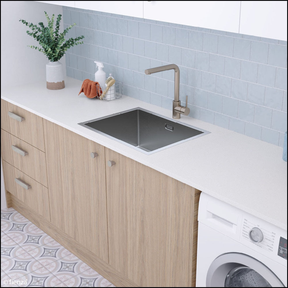 FIENZA 50L Stainless Steel Square Laundry Sink with Drain Board - Heavy Duty Utility Sink for Basement, Garage, or Commercial Use (Model 68501)