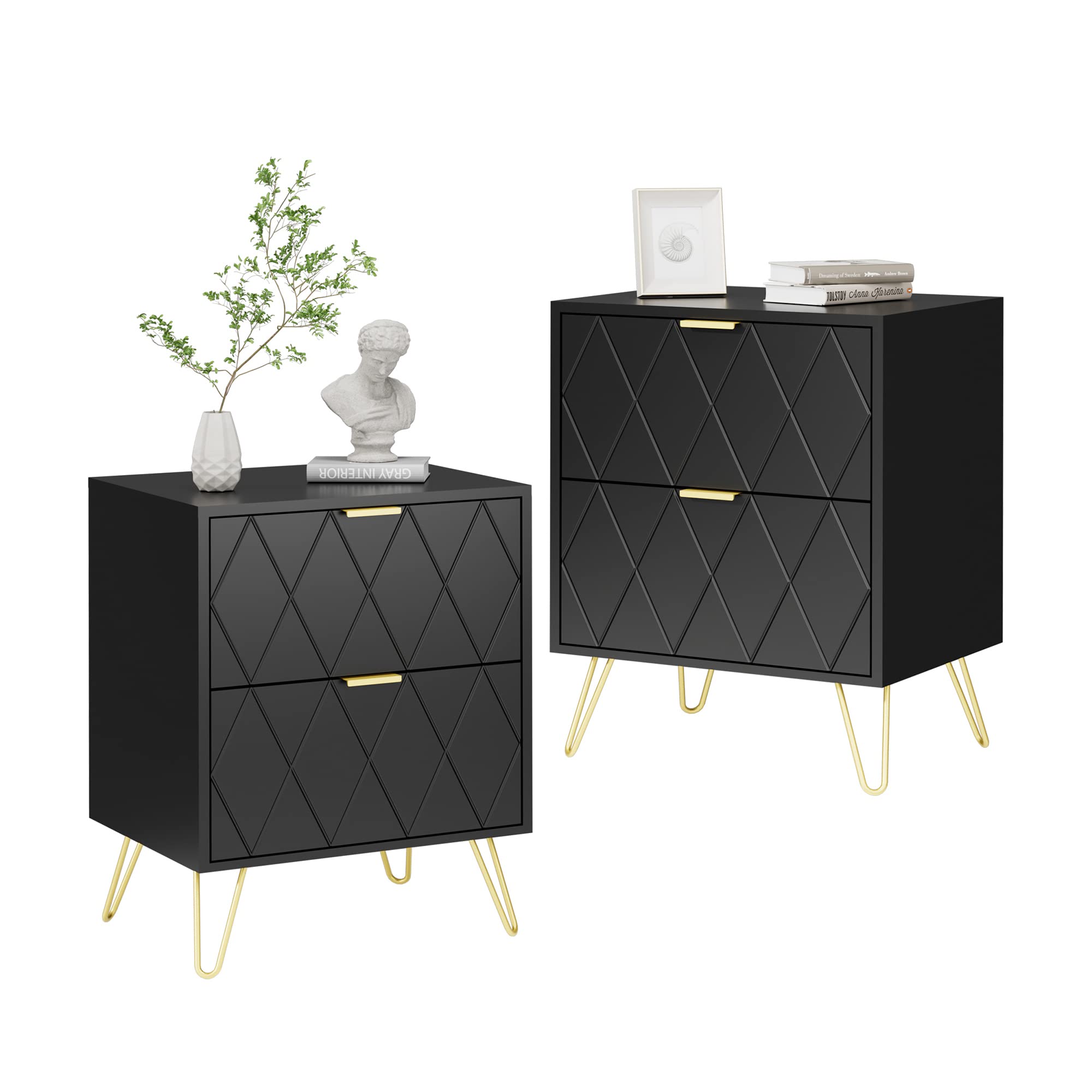 Anbuy Black Nightstand Set of 2 with Gold Handles - Modern Bedside Tables with 2 Drawers, Sturdy Gold Legs for Bedroom & Living Room - Perfect for Storing Books, Lamps & Bedroom Essentials