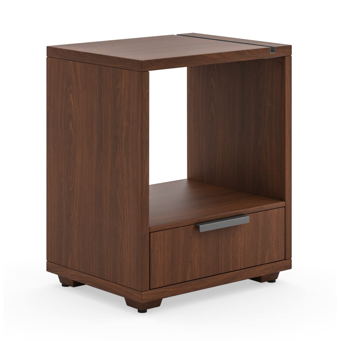 Modern Brown Wood Nightstand with Hardware - Contemporary Bedside Table for Bedroom, Living Room & Office