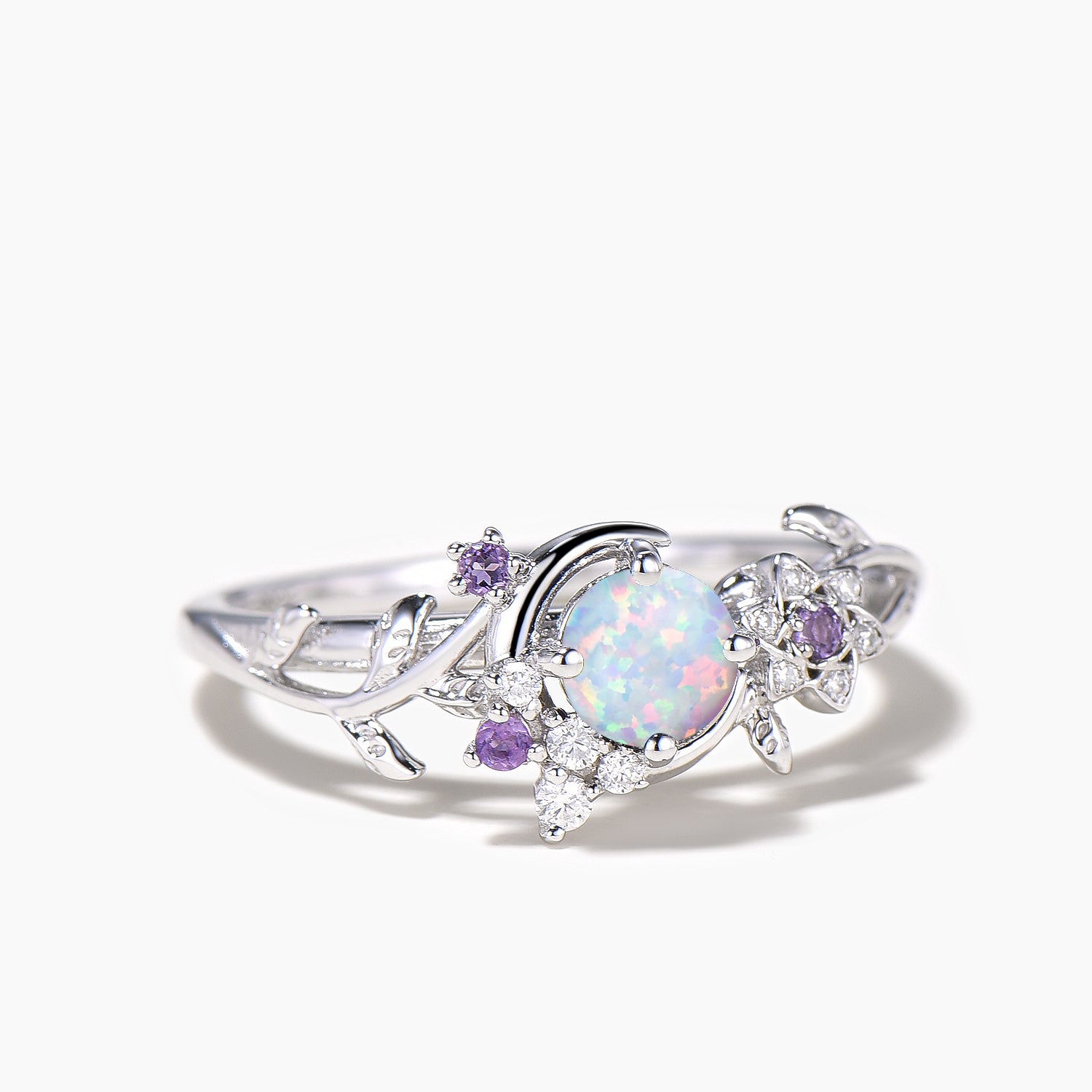 Round Cut Opal Engagement Ring - Crescent Moon Cluster Amethyst Leaf Vine Wedding Band for Women | Perfect for Bridal Jewelry, Anniversary Gifts & Boho Fashion Accessories