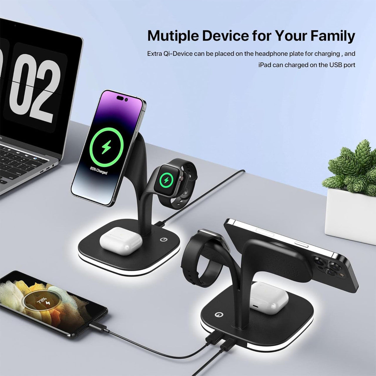 5 in 1 Wireless Fast Charging Station for iPhone, Samsung & AirPods - Multi Device Charger with Night Light - Perfect for Bedroom, Office & Travel