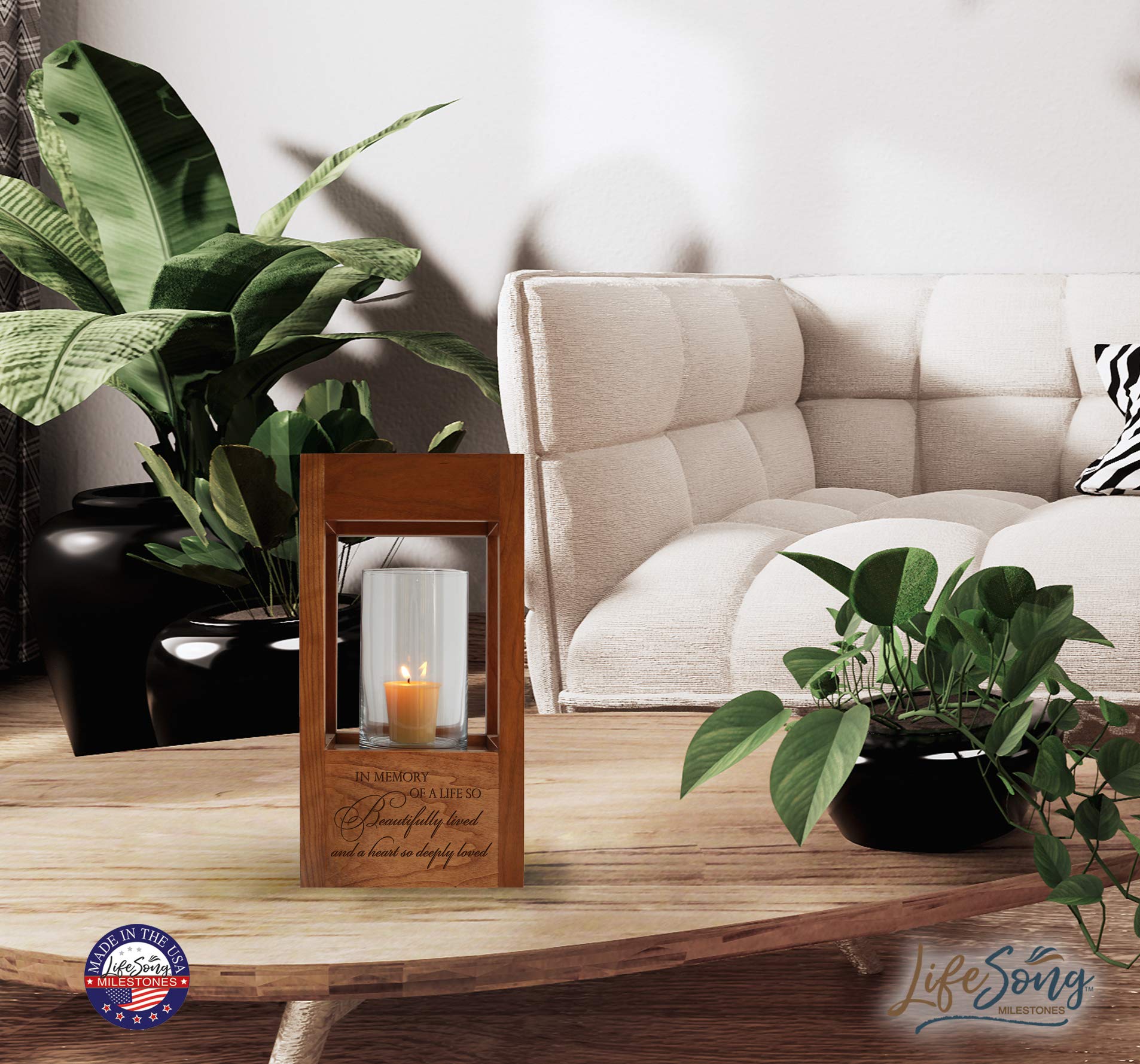 Lifesong Milestones Solid Cherry Wood Cremation Urn for Human Ashes - Memorial Lantern & Sympathy Candle Holder - 6.5”x6.5”x13” - Perfect for Funeral Keepsakes, Memorial Services & Home Remembrance Displays