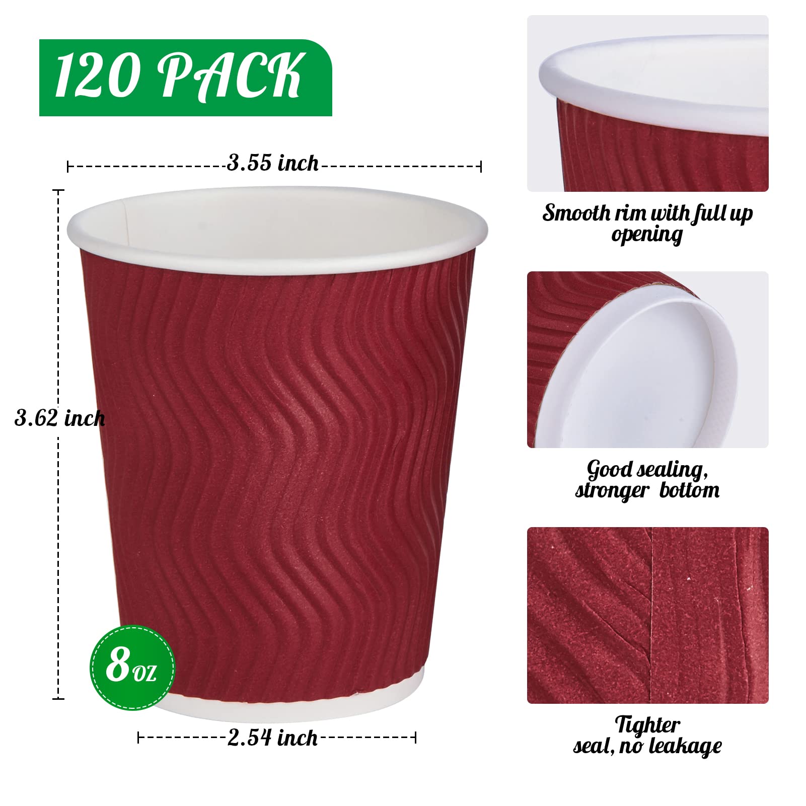 120 Pack 8 oz Disposable Coffee Cups - Insulated Ripple Wall Hot Beverage Paper Cups for Christmas, Party, Office & Daily Use - Eco-Friendly Paper Ripple Cups for Coffee, Tea, Hot Chocolate & Soups