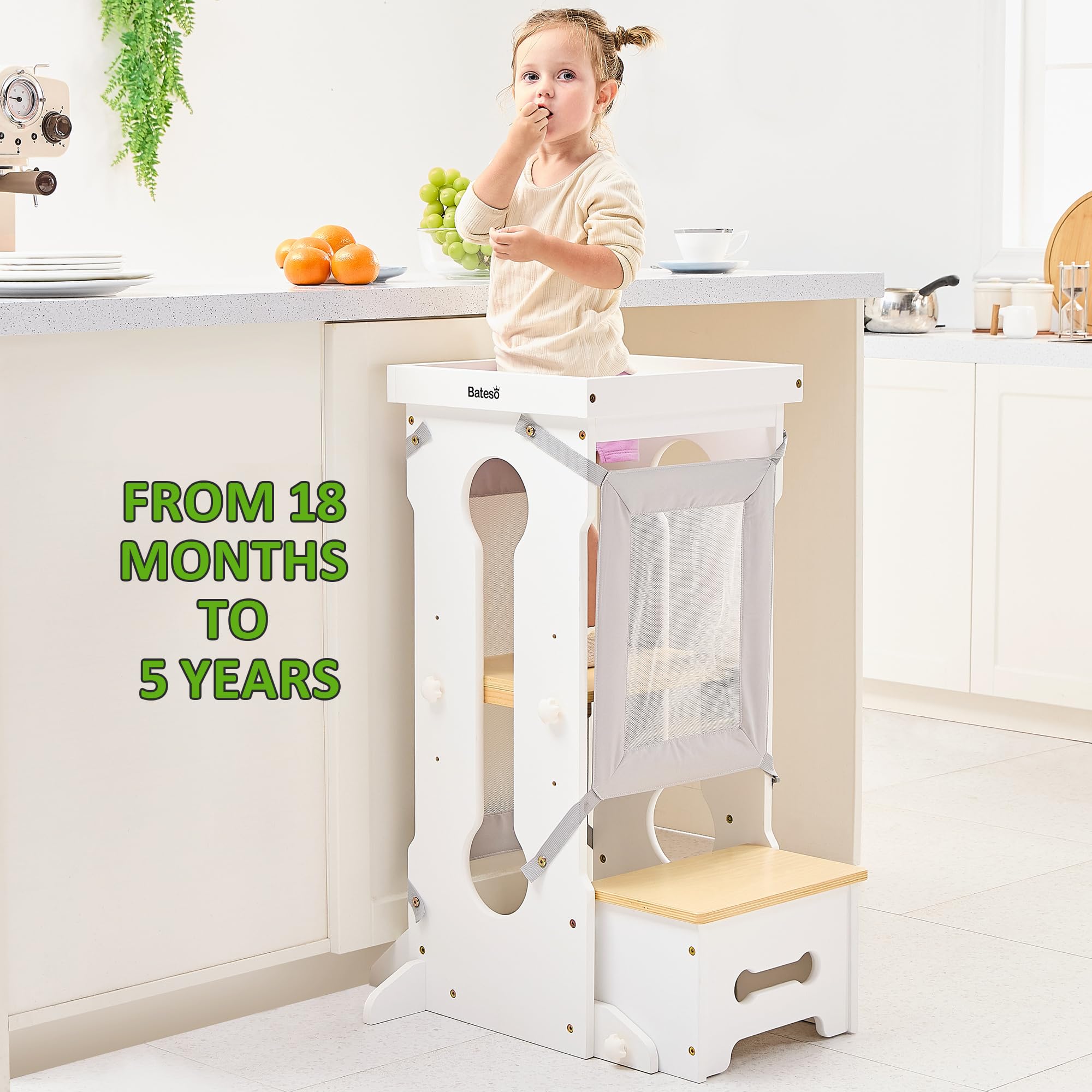 Bateso Adjustable Wooden Toddler Step Stool - Kitchen Helper Tower with 2 Removable Safety Nets & Non-Slip Mats - 4 Height Levels for Kids Ages 1-6 - Perfect for Cooking, Bathroom Sink, and Countertop Access