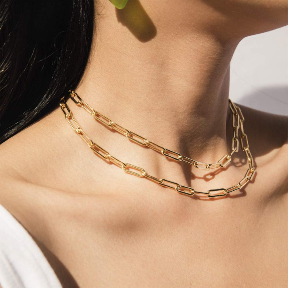 14K Gold Filled Rectangle Paper Clip Link Chain Necklace for Women - Elegant Choker Jewelry for Everyday Wear, Layering & Special Occasions