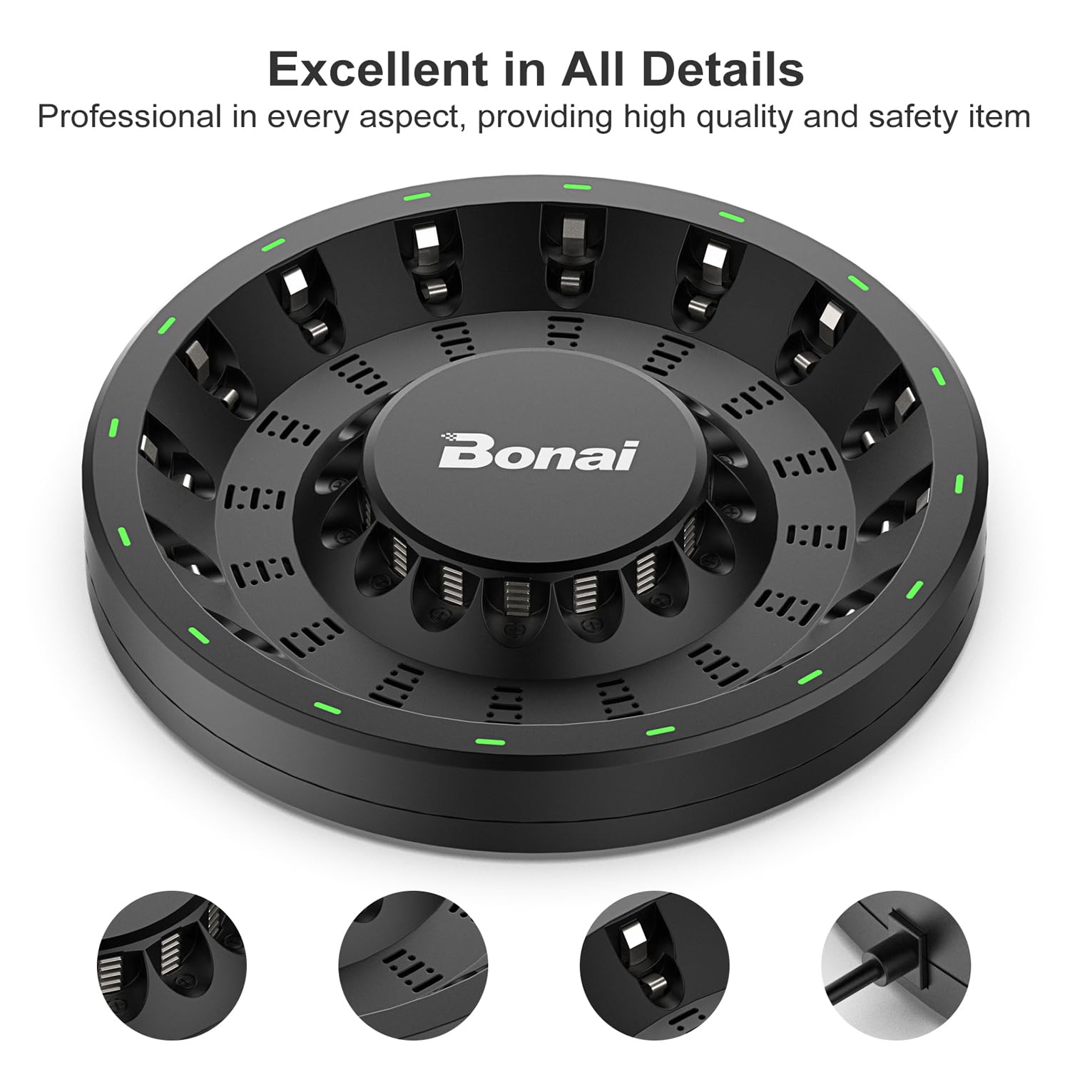 BONAI AA AAA Rechargeable Battery Charger for NiMH NiCD Batteries - Fast Charging with Smart LED Indicator & AC Power Cable - Perfect for Cameras, Toys, Remote Controls and Electronics