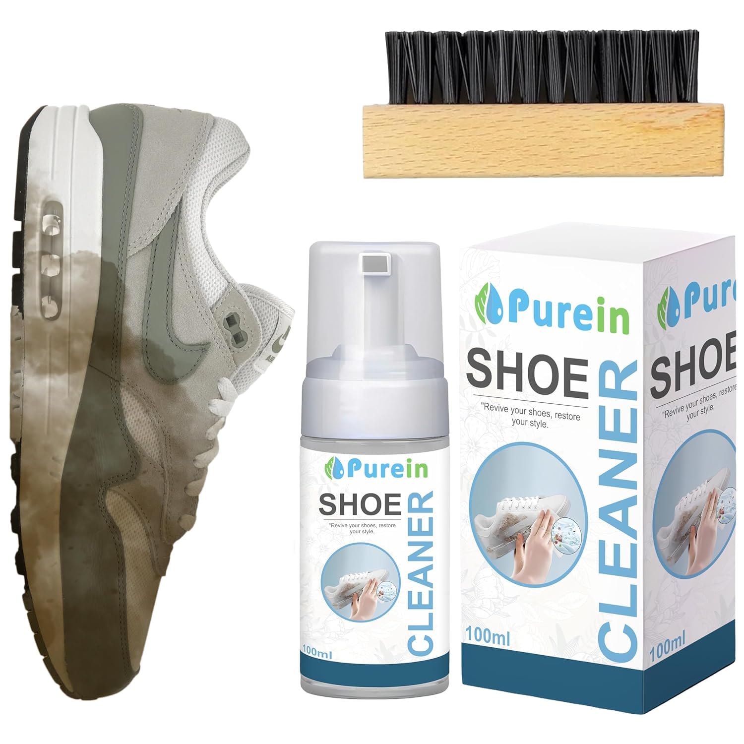 Purein Sneaker Cleaner Kit - 150ml with Brush | Fast-Acting for All Shoes | Yellow Edge Remover | Perfect for Gym & Daily Wear