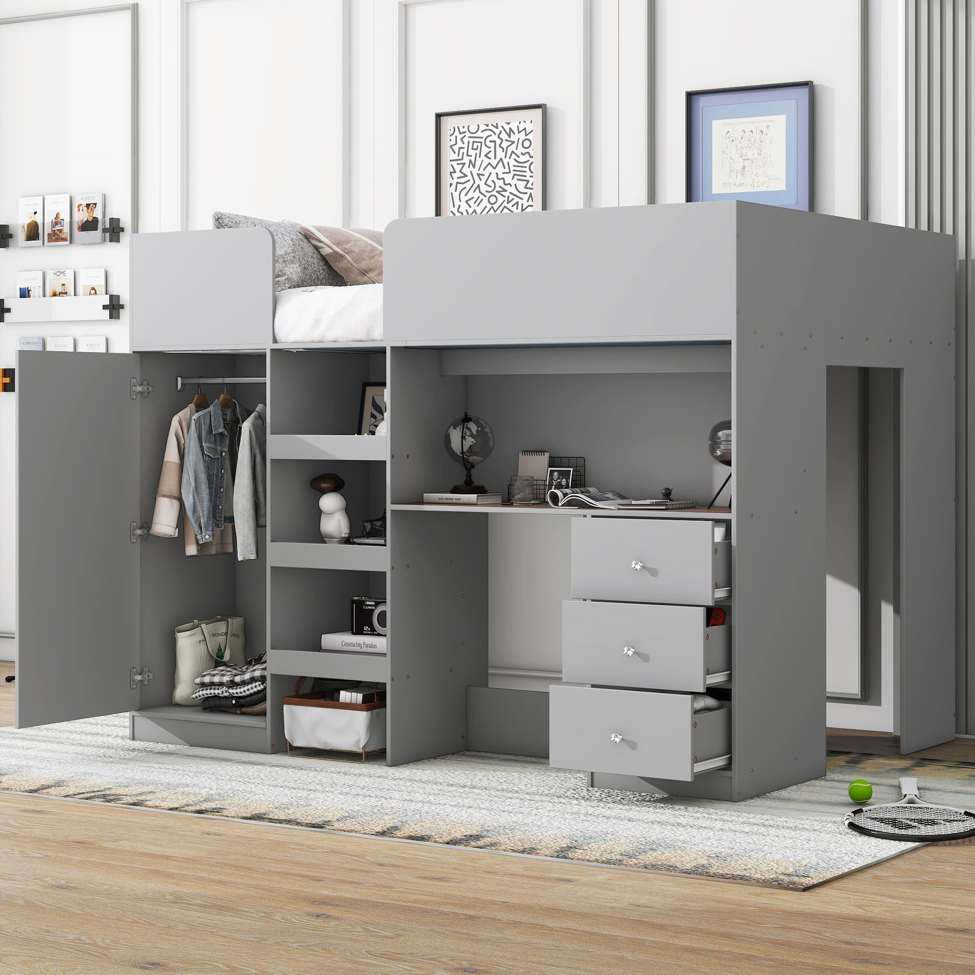Full Size Loft Bed with Built-in Wardrobe & Desk - Sturdy Wooden Bed Frame with Storage Shelves & Drawers - Space Saving Kids Bedroom Furniture for Boys, Girls & Teens - Easy Assembly - Grey - Perfect for Small Rooms, Dormitories & Shared Spaces