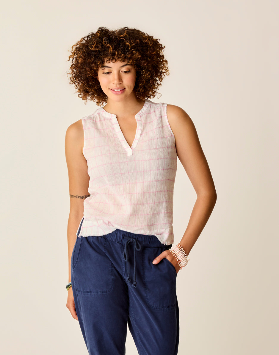 Dylan Tank Top for Women - Hot Pink Plaid Floral Print Casual Summer T-Shirt | Perfect for Beach, Gym, and Everyday Wear