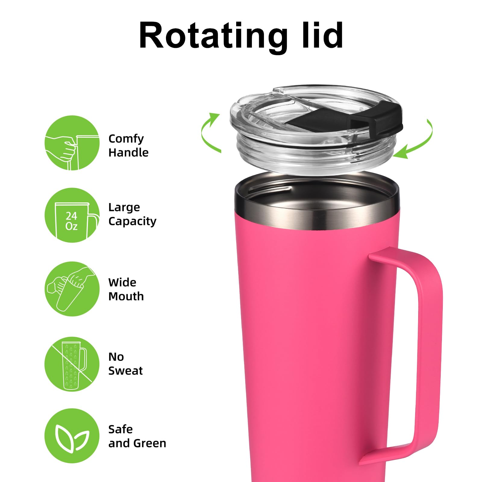 Mininoo 24oz Insulated Stainless Steel Tumbler with Handle - Leakproof Travel Coffee Mug with Lid & Straws - Hot Pink - Perfect for Office, Gym, Hiking & Road Trips