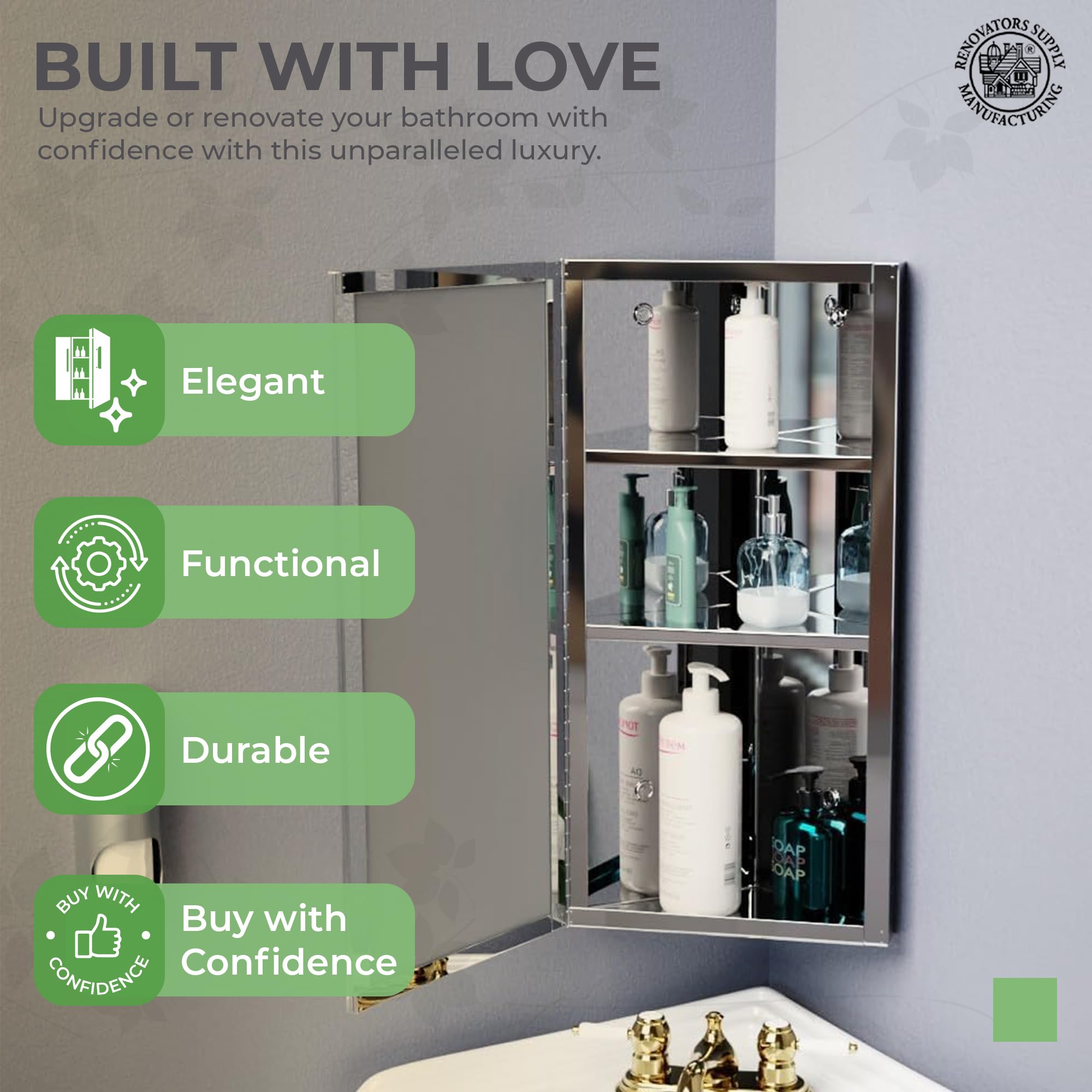 Renovators Supply Infinity Corner Medicine Cabinet with Mirror - Triple Shelf Storage, Modern Wall Mount Bathroom Cabinet - 23.6 Inch Right Opening, Polished Stainless Steel (1 Pack) | Perfect for Small Bathrooms, Apartments & Vanity Organization