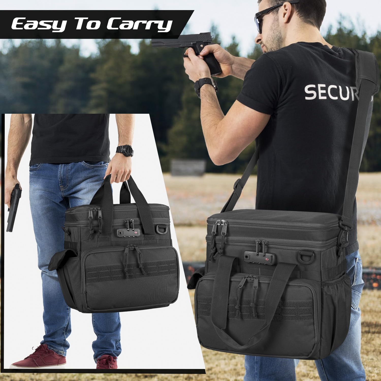 Tactical Gun Range Bag with 3 Pistol Capacity & TSA Lock - Duffle Bag with 2 Pistol Cases & 12 Magazine Slots - Multi-Pocket Shooting Gear Organizer for Hunting, Range Training & Airsoft - Durable Black Range Bag for Firearm Storage & Transport