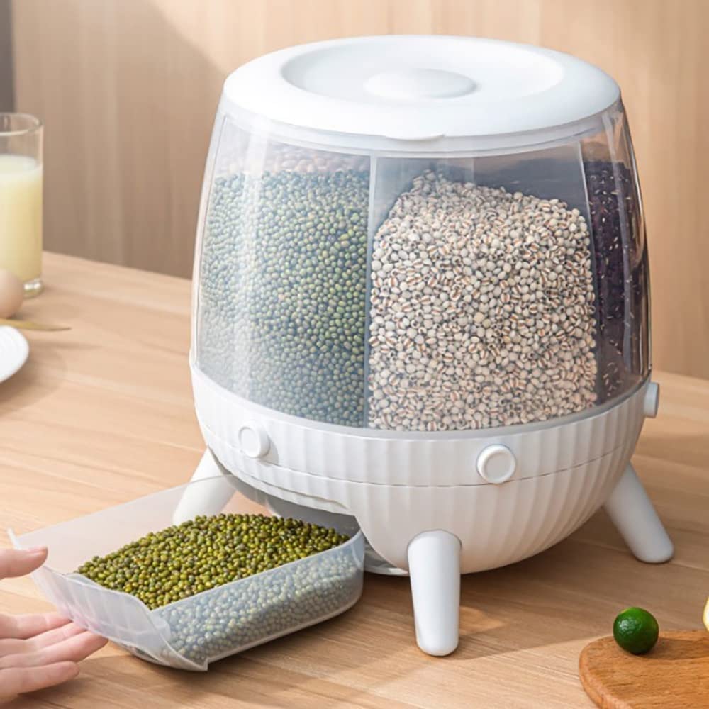 KouRy Automatic Rotating Rice Dispenser - 5L White Cereal Storage Container for Kitchen, Pantry Organization & Dry Food Dispensing - Perfect for Grains, Rice, Cereal, Pasta, Pet Food & More