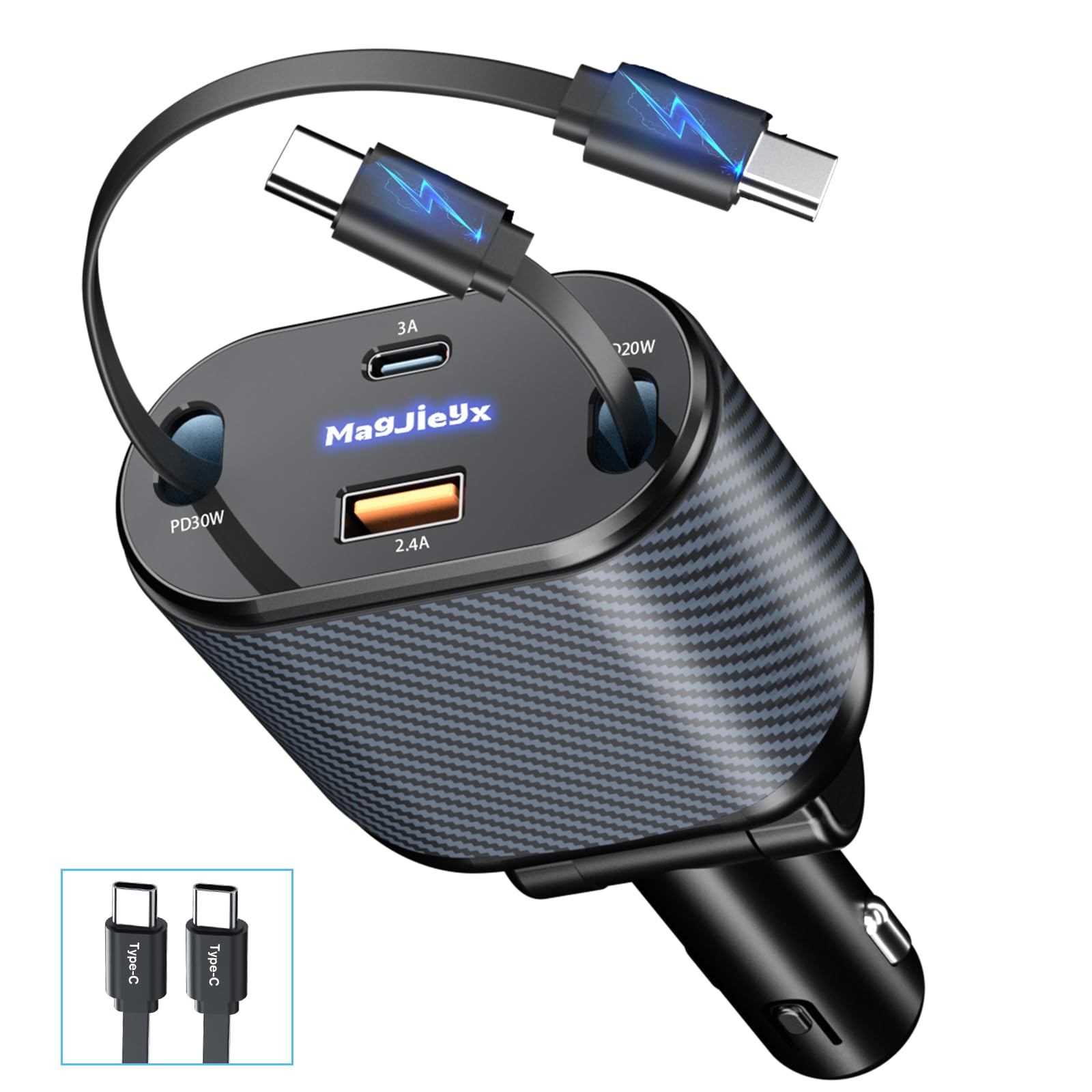 80W 4-in-1 Retractable Car Charger with Dual Type-C & USB-A Ports - Fast Charging for iPhone 15/14/13/12 Pro Max/Plus, iPad, AirPods, Galaxy - QC 3.0 & PD 3.0 Certified - Perfect for Road Trips, Commuting and On-the-Go Charging