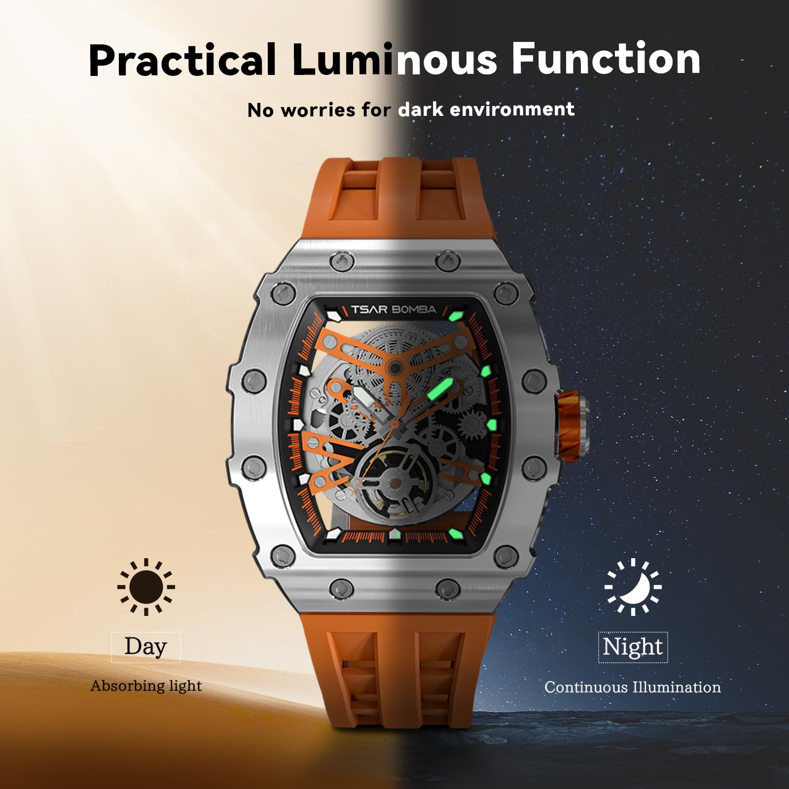 TSAR BOMBA Luxury Men's Watch - 50M Waterproof Tonneau Chronograph with Silicone Band, Mechanical Movement - Perfect for Business, Casual Wear & Gift Giving