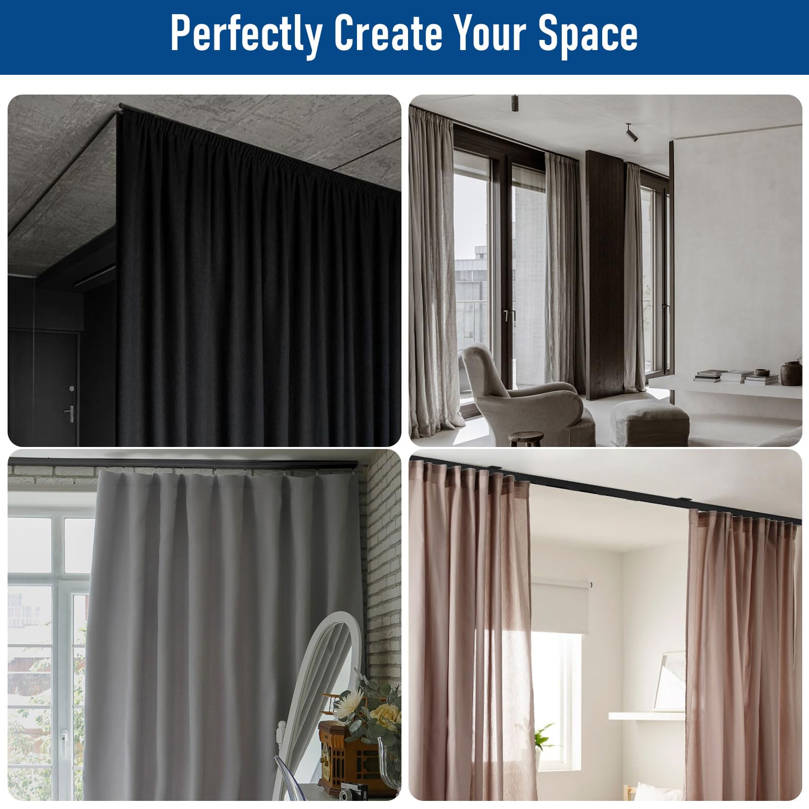 Heavy Duty Black Ceiling Curtain Track with Hooks - 12FT Room Divider Curtain Rod System for Living Room, Bedroom, Bathroom | Ceiling Mounted Curtain Rail for Home, Office, and Commercial Spaces