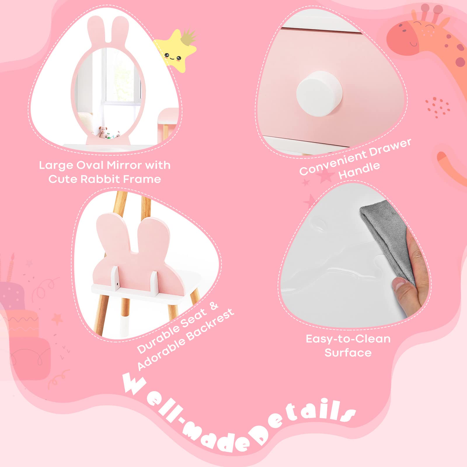 HONEY JOY Kids Vanity Set - Rabbit Themed Wooden Makeup Table & Chair with 2 Large Drawers, Beech Wood Legs, Princess Dressing Beauty Table for Girls - Pink Vanity with Mirror & Stool | Perfect for Bedroom Decor, Birthday Gifts & Pretend Play