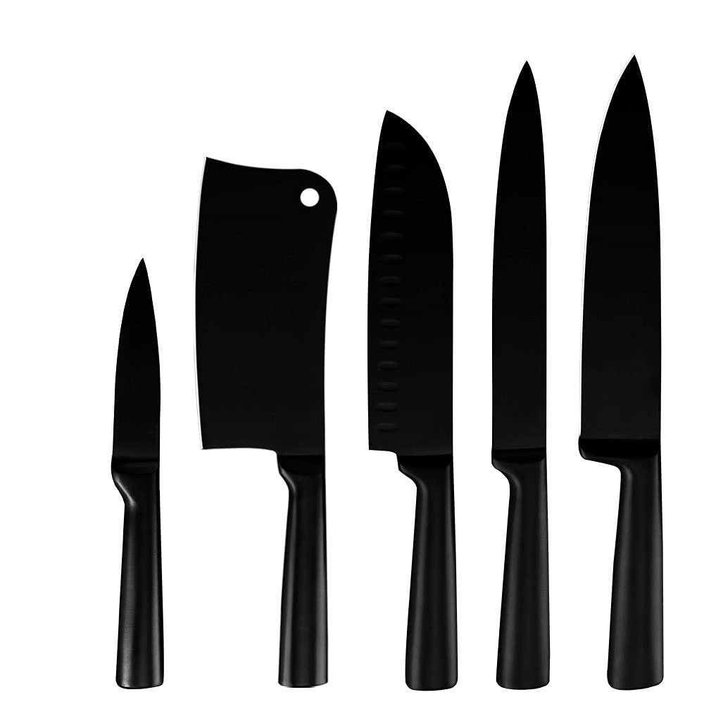 Premium 4-8 Piece Stainless Steel Kitchen Knife Set - Non-Stick Black Blade with Chef, Santoku, Bread, Utility & Paring Knives for Professional Cooking & Home Use - Perfect for Slicing, Chopping & Food Prep (5-Piece Set)