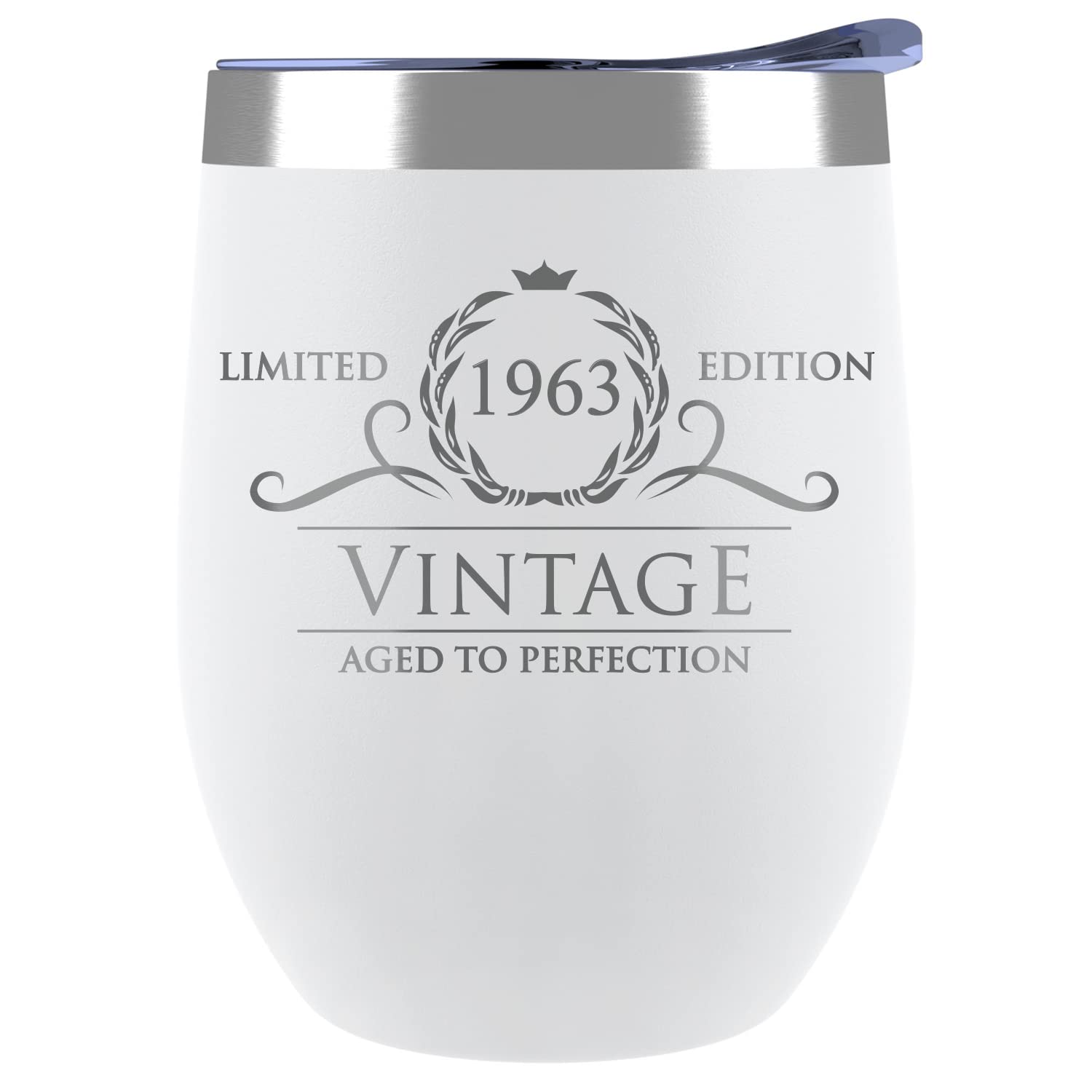 1963 60th Birthday Gifts for Women & Men - 12oz White Stemless Wine Tumbler Cup - Funny 60 Year Old Birthday Present for Dad, Grandpa, Husband - Perfect for Parties, Anniversaries & Retirement Celebrations