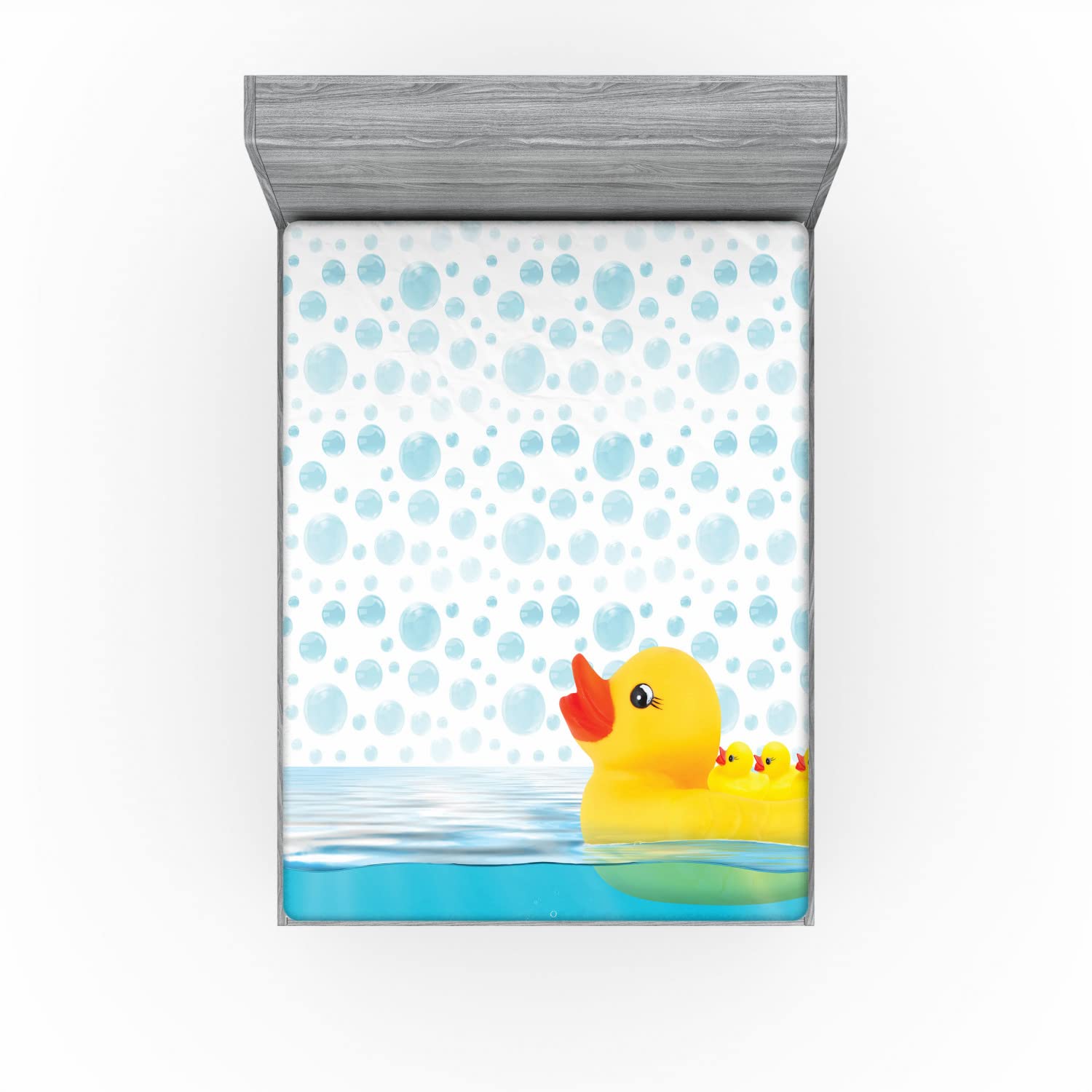Ambesonne Yellow Duck Fitted Sheet - Queen Size Waterproof Bedding with Fun Swimming Rubber Duck Print, All-Around Elastic Deep Pocket for Mattress (Sky Blue/Yellow/White) - Perfect for Kids' Rooms, Beach Themed Decor & Whimsical Bedroom Designs