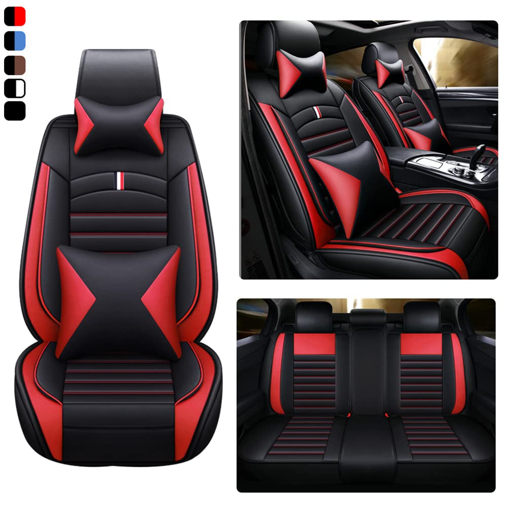 Premium Universal PU Leather Car Seat Covers - Waterproof, Durable & Airbag Compatible - 5-Piece Set with Pillows (Black/Red) | Perfect for SUVs, Sedans & Family Vehicles