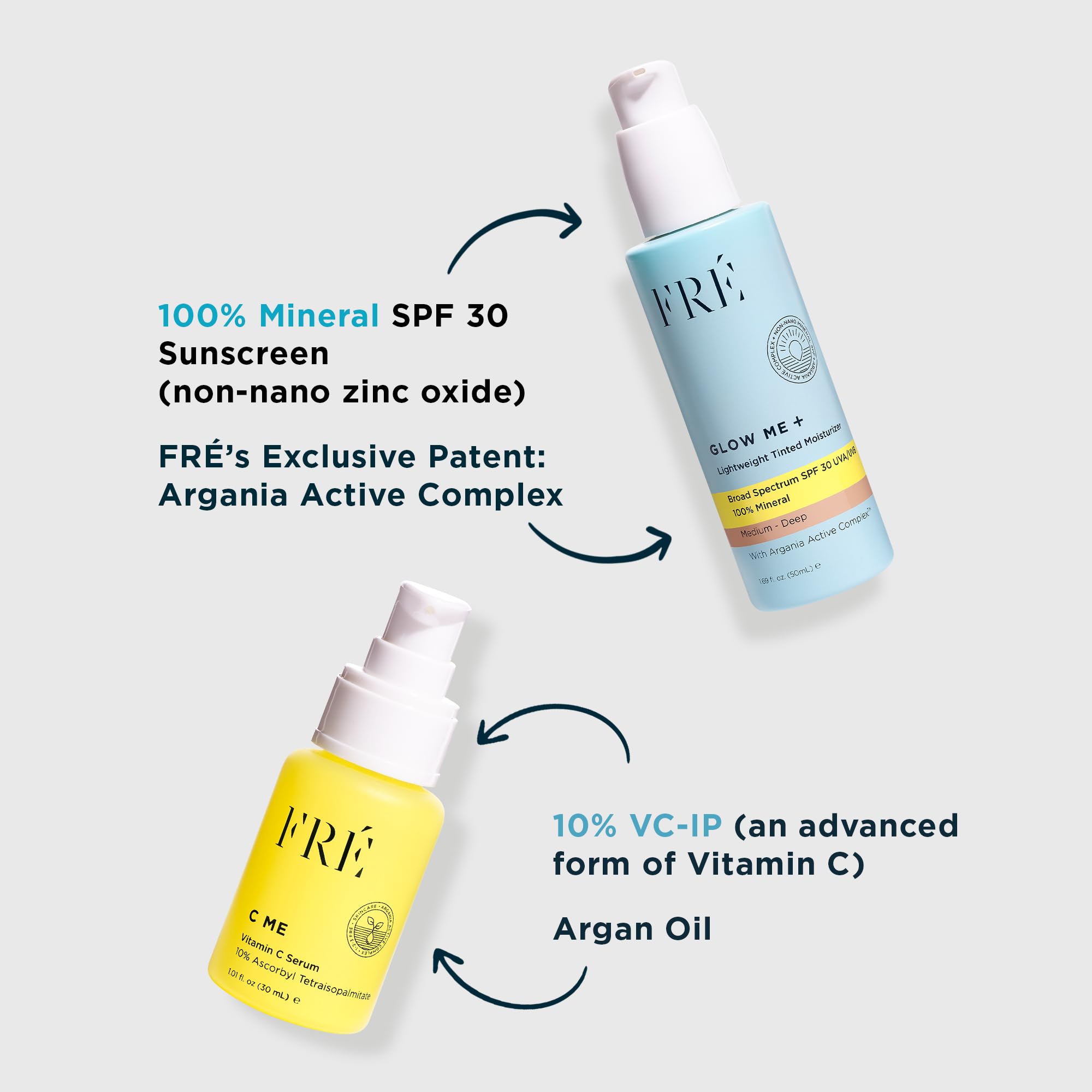 FRE Vitamin C Serum & Mineral Sunscreen SPF 30 for Face - Brightening & Sun Protection Skincare | Daytime Use for Glowing Skin