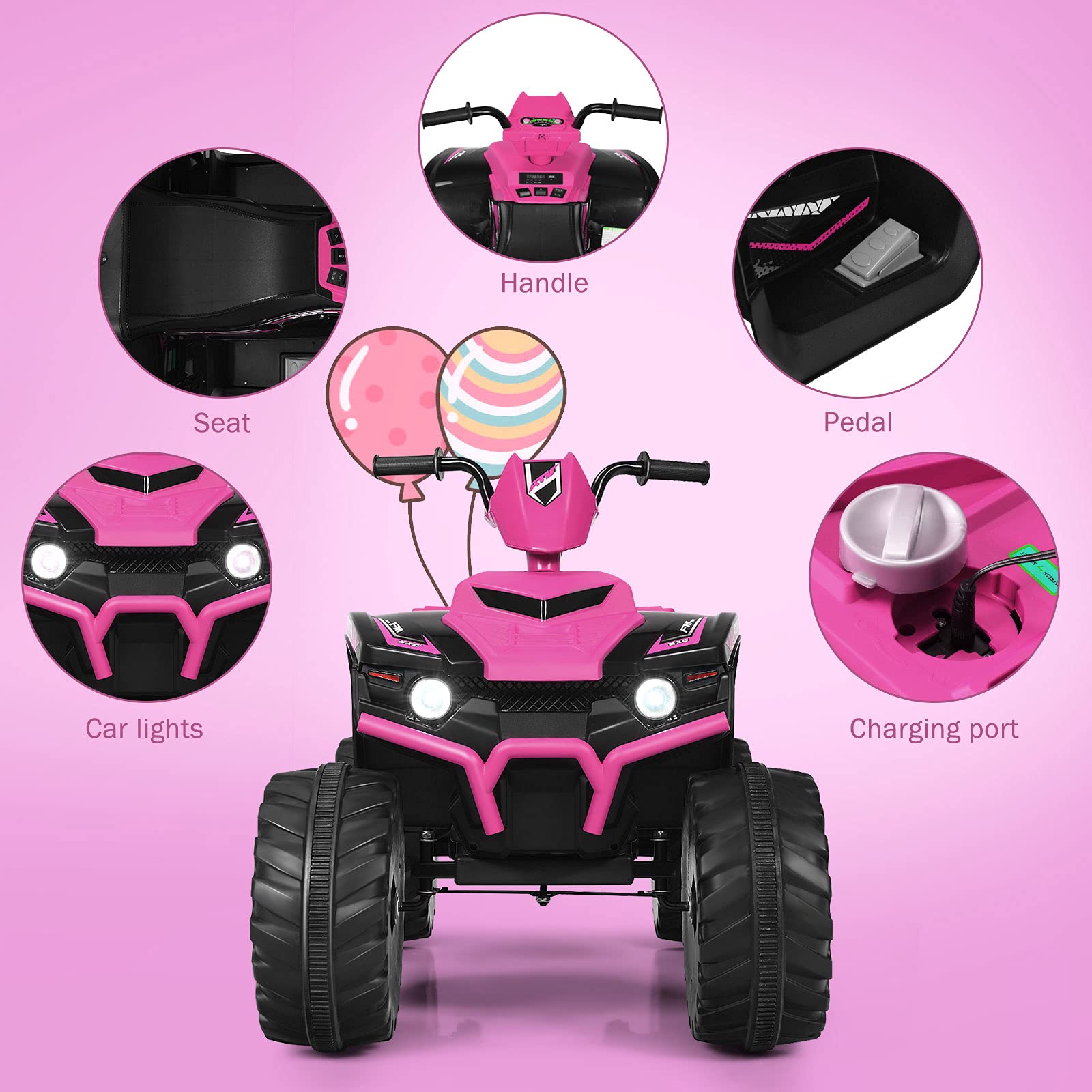 OLAKIDS 12V Kids Electric ATV Quad Bike - 4 Wheeler Ride On Toy Car for Boys & Girls Ages 3-8 | Battery Powered Motorized Vehicle with LED Lights, Music, Horn & Dual Speed Control | Outdoor Play, Birthday Gift, Backyard Fun (Pink)