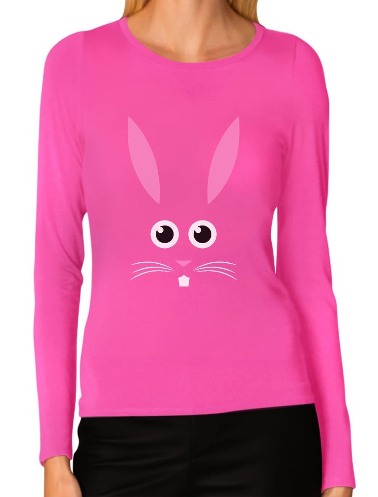 Funny Easter Bunny Face Long Sleeve T-Shirt for Women - Cute Rabbit Graphic Tee for Easter Celebrations, Spring Parties & Family Gatherings