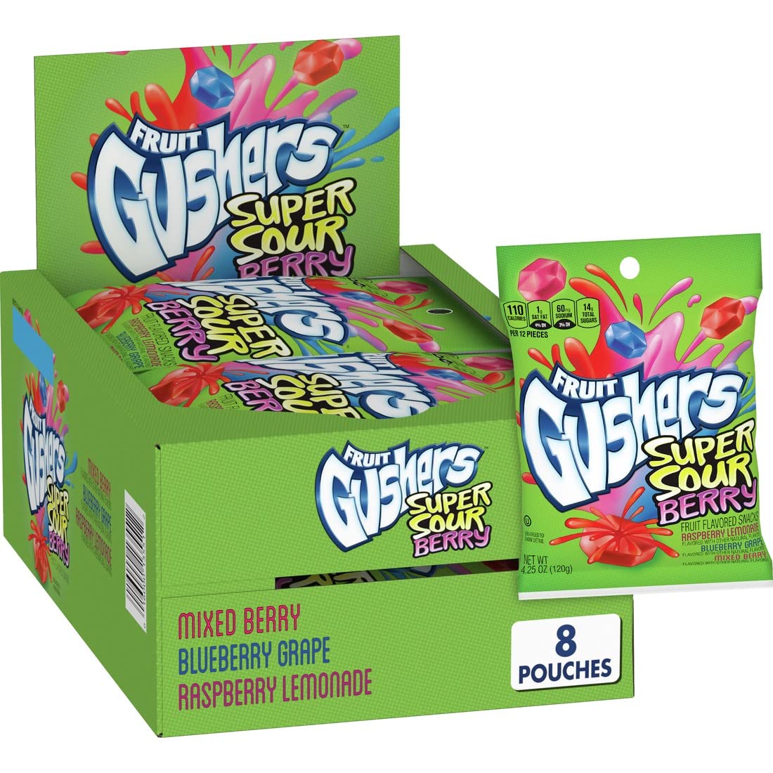 Super Sour Berry Gushers Fruit Flavored Snacks - 8 Pouches (34 oz) | Kids Lunch Box Treats, Party Favors & On-the-Go Snacks